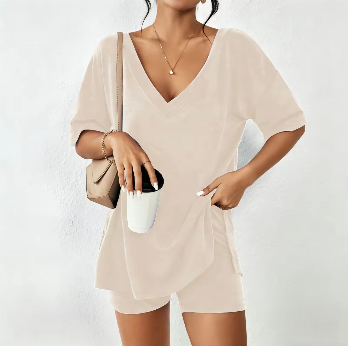 Ekouaer Pajama Set Size XL Beige V-Neck Shorts Loungewear 5