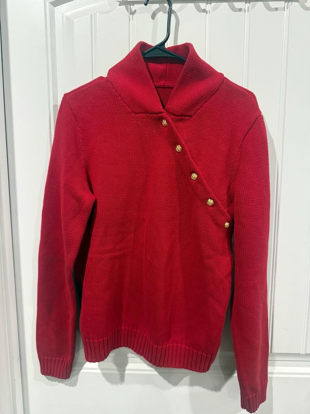Lauren Ralph Lauren Red Cotton Sweater Large Shawl Collar Gold Button Asymmetric 3