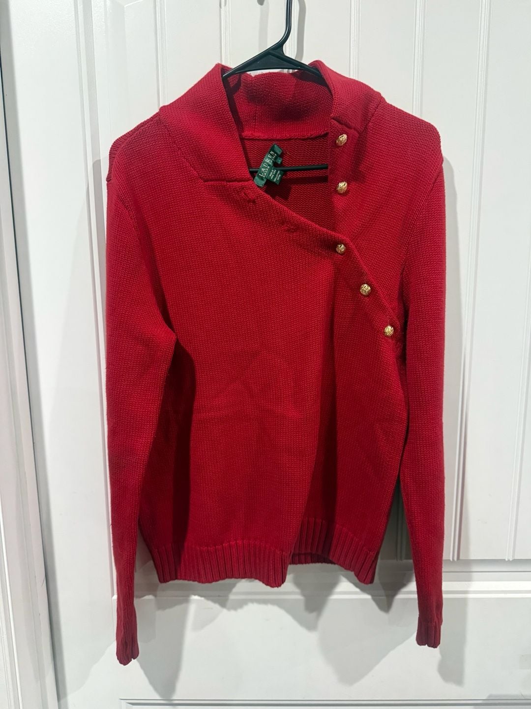 Lauren Ralph Lauren Red Cotton Sweater Large Shawl Collar Gold Button Asymmetric 4