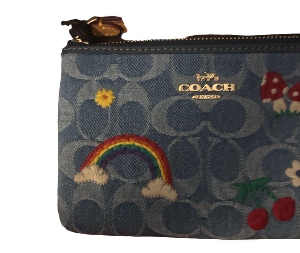 Coach Signature Denim Embroidered Rainbow Mushroom Corner Zip Wristlet 3