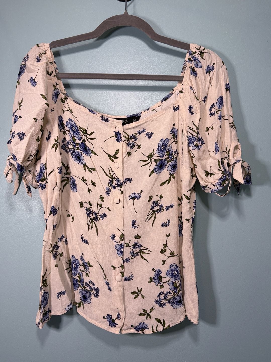 F&F Floral Blouse Size US 12 White Blue Square Neck Tie Sleeve 2