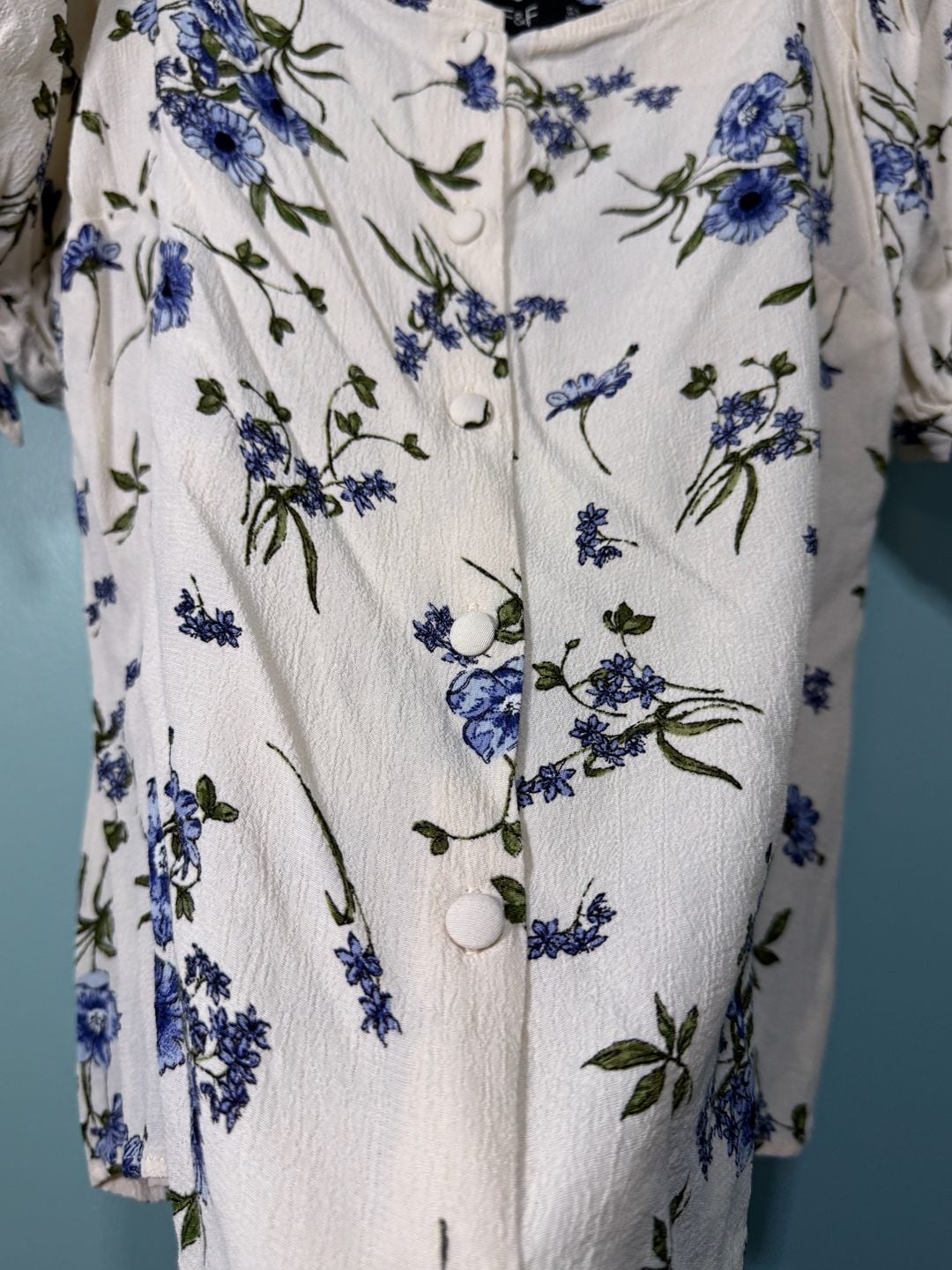 F&F Floral Blouse Size US 12 White Blue Square Neck Tie Sleeve 3