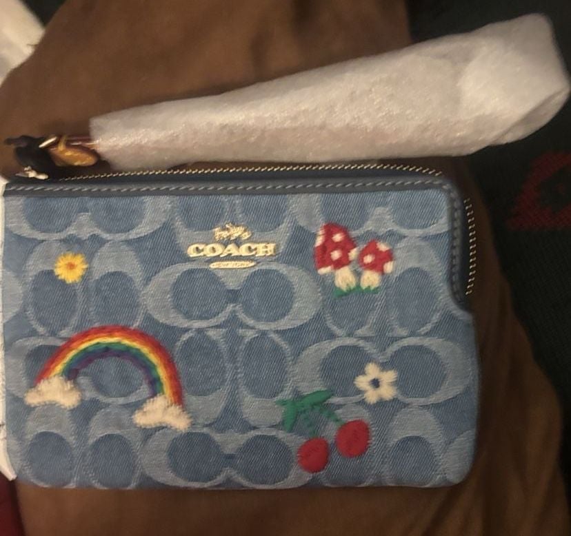 Coach Signature Denim Embroidered Rainbow Mushroom Corner Zip Wristlet 5