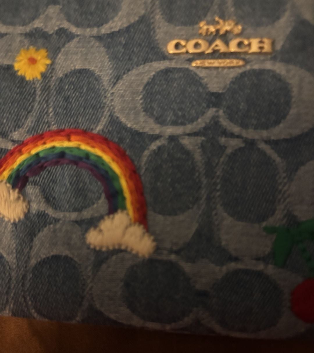 Coach Signature Denim Embroidered Rainbow Mushroom Corner Zip Wristlet 4