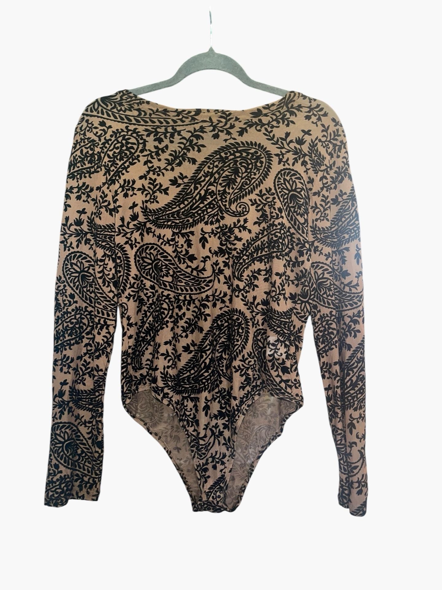 37 Orchard L NWOT Flocked Paisley Mesh Bodysuit Brown Black Y2K Sheer 3