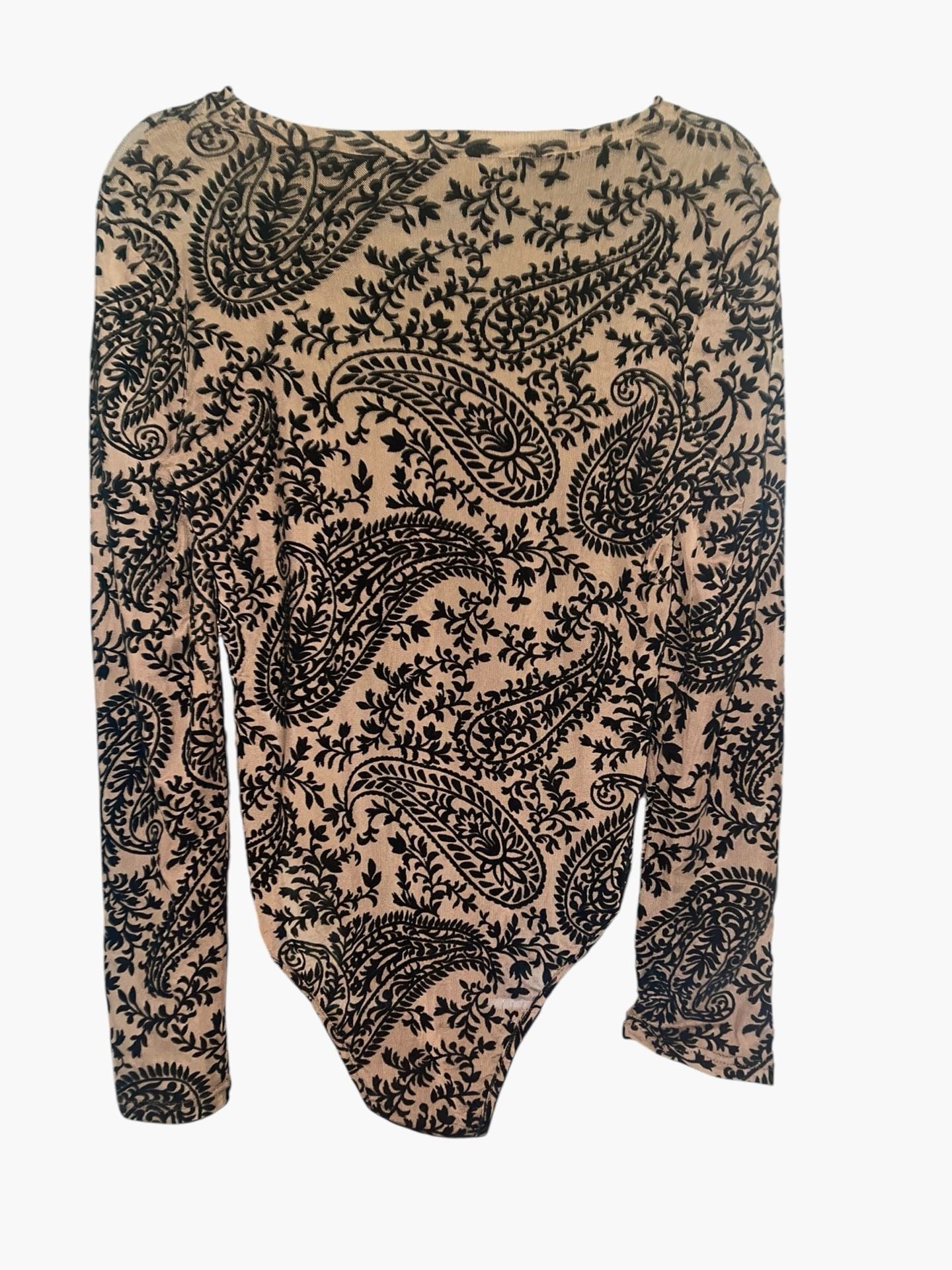 37 Orchard L NWOT Flocked Paisley Mesh Bodysuit Brown Black Y2K Sheer 4
