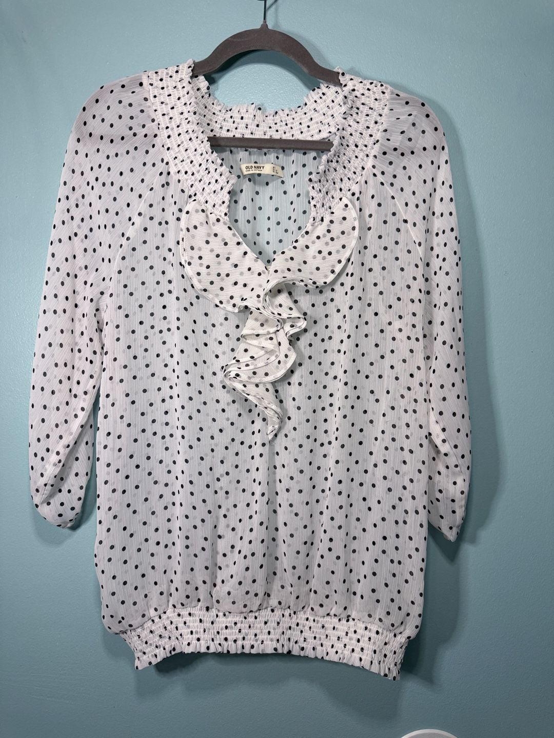 Old Navy Polka Dot Ruffle Blouse Size L White Black 2