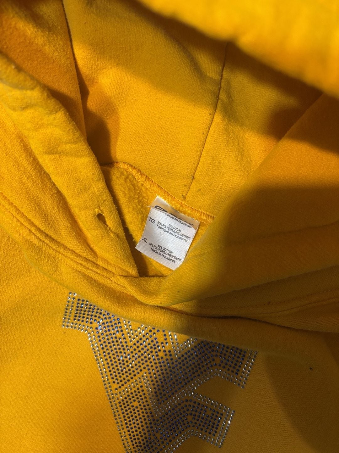 Gildan West Virginia WVU Rhinestone Logo Hoodie Size XL Yellow 4