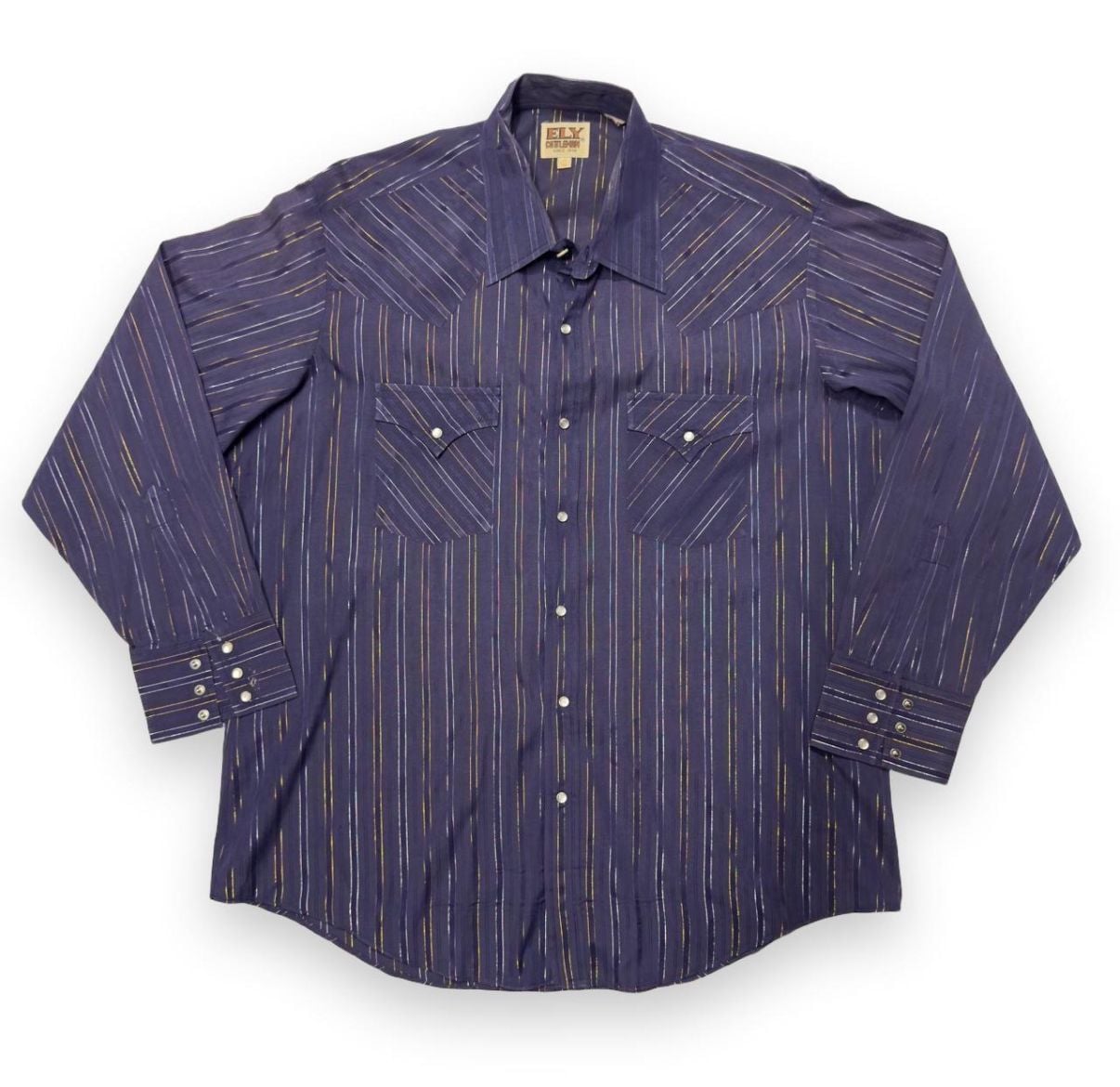 Ely Cattleman Western Shirt Size 17 34 Purple Metallic Striped Snap 2
