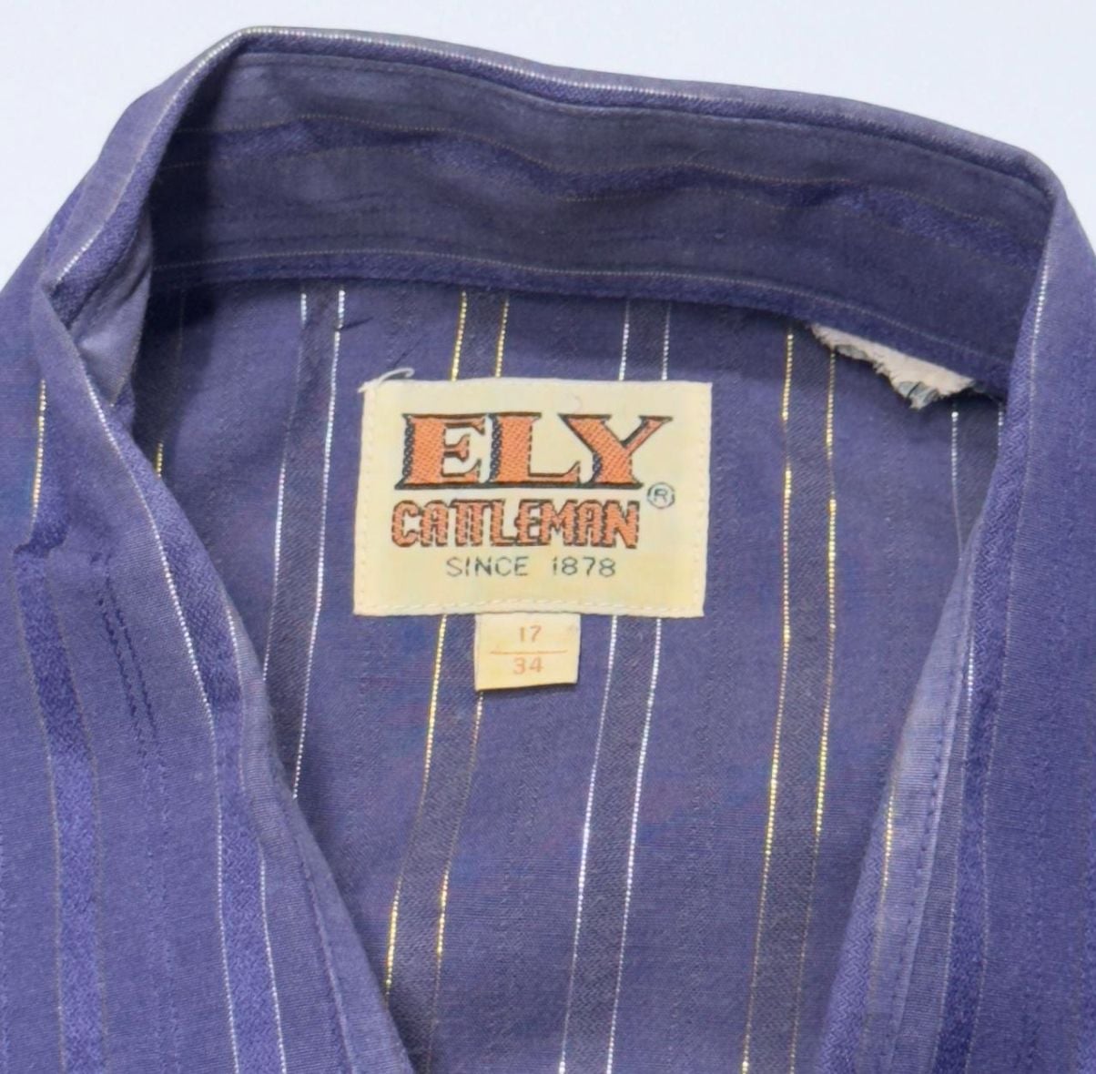 Ely Cattleman Western Shirt Size 17 34 Purple Metallic Striped Snap 5