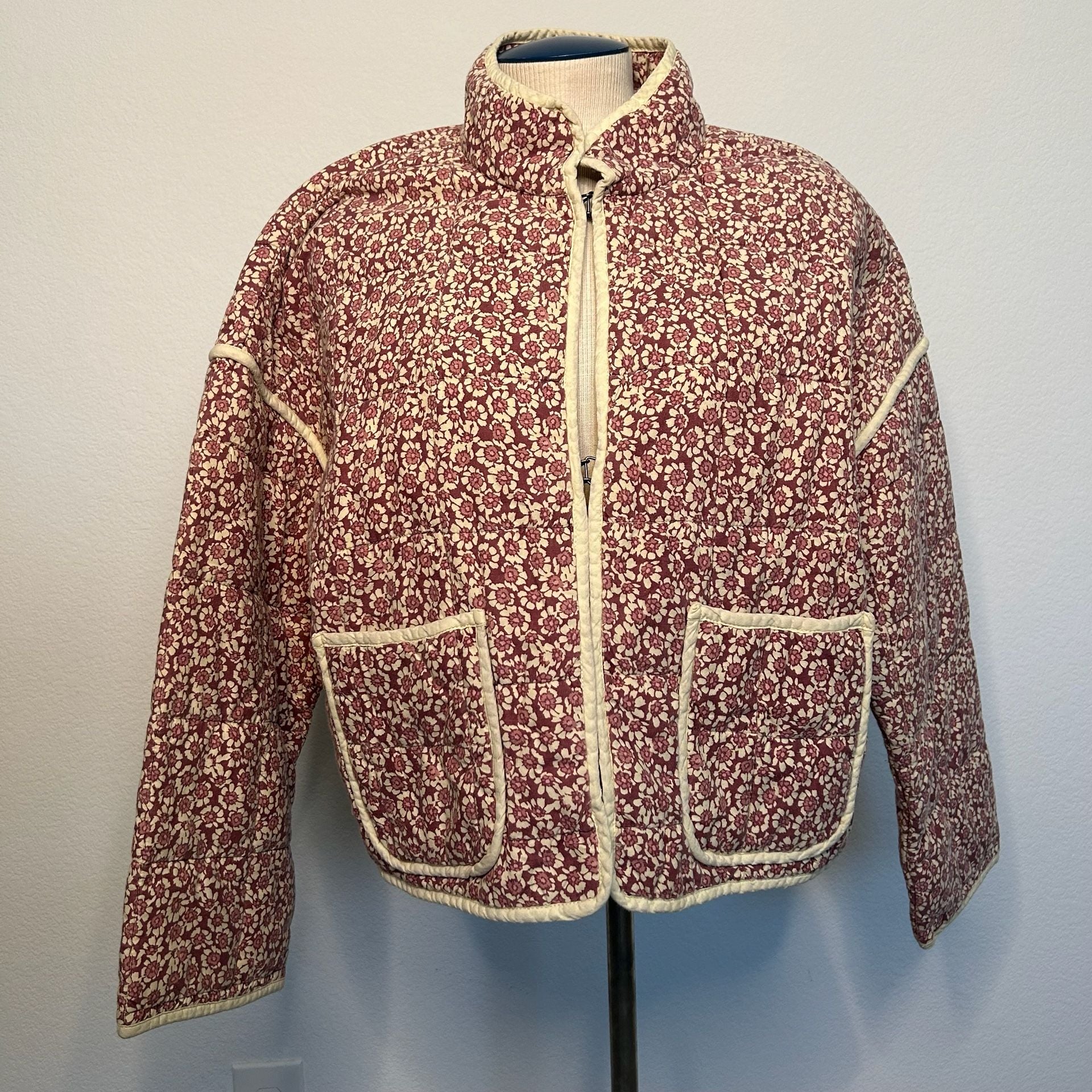 Free People Quilted Jacket Size XS Purple Floral Print Cropped 2