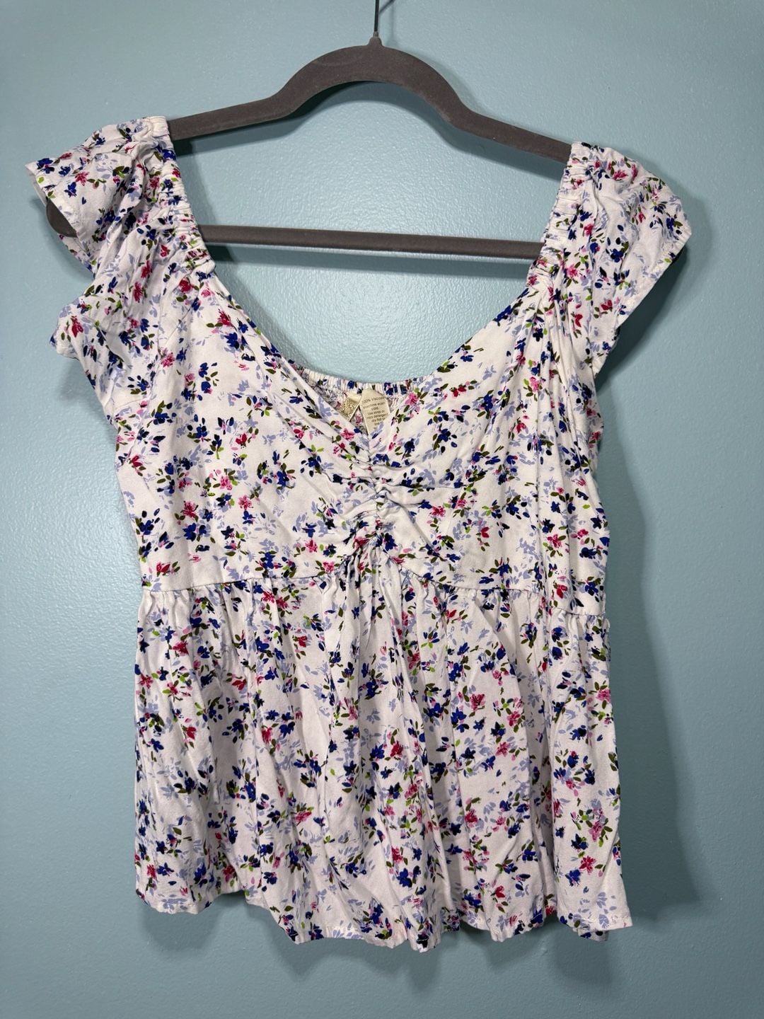 Japna Floral Blouse Size S White Viscose Smocked Peplum Cap Sleeve Top 1