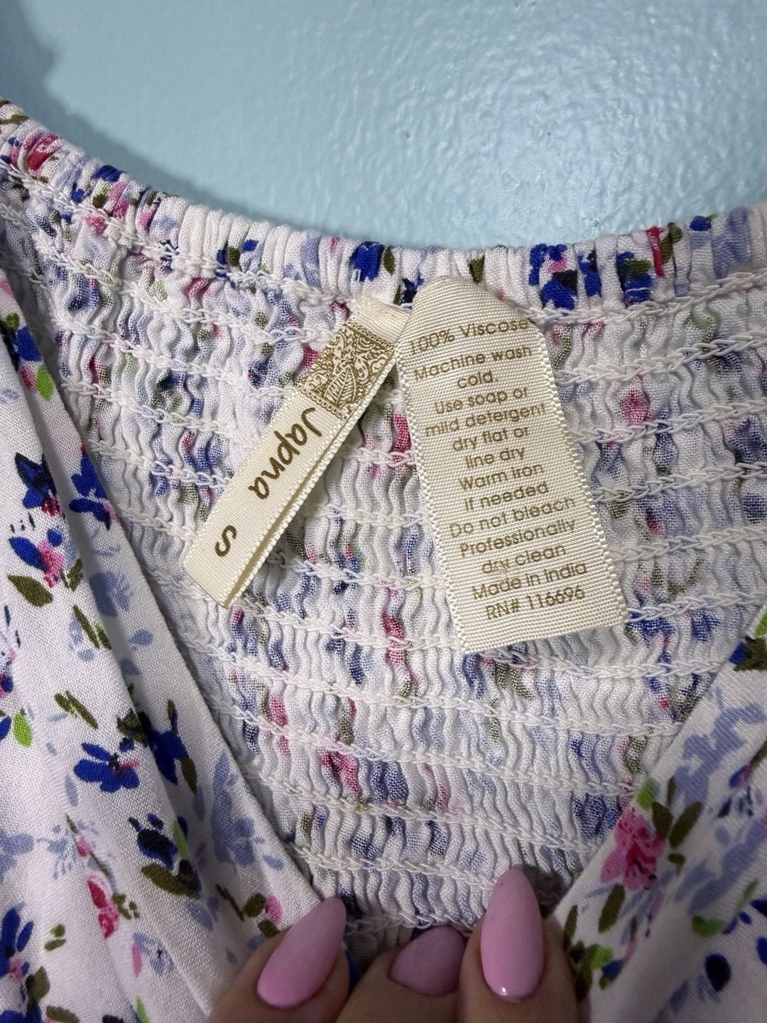 Japna Floral Blouse Size S White Viscose Smocked Peplum Cap Sleeve Top 3