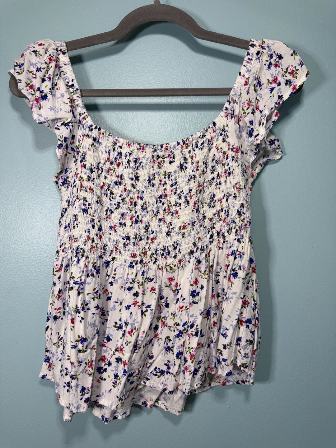 Japna Floral Blouse Size S White Viscose Smocked Peplum Cap Sleeve Top 4