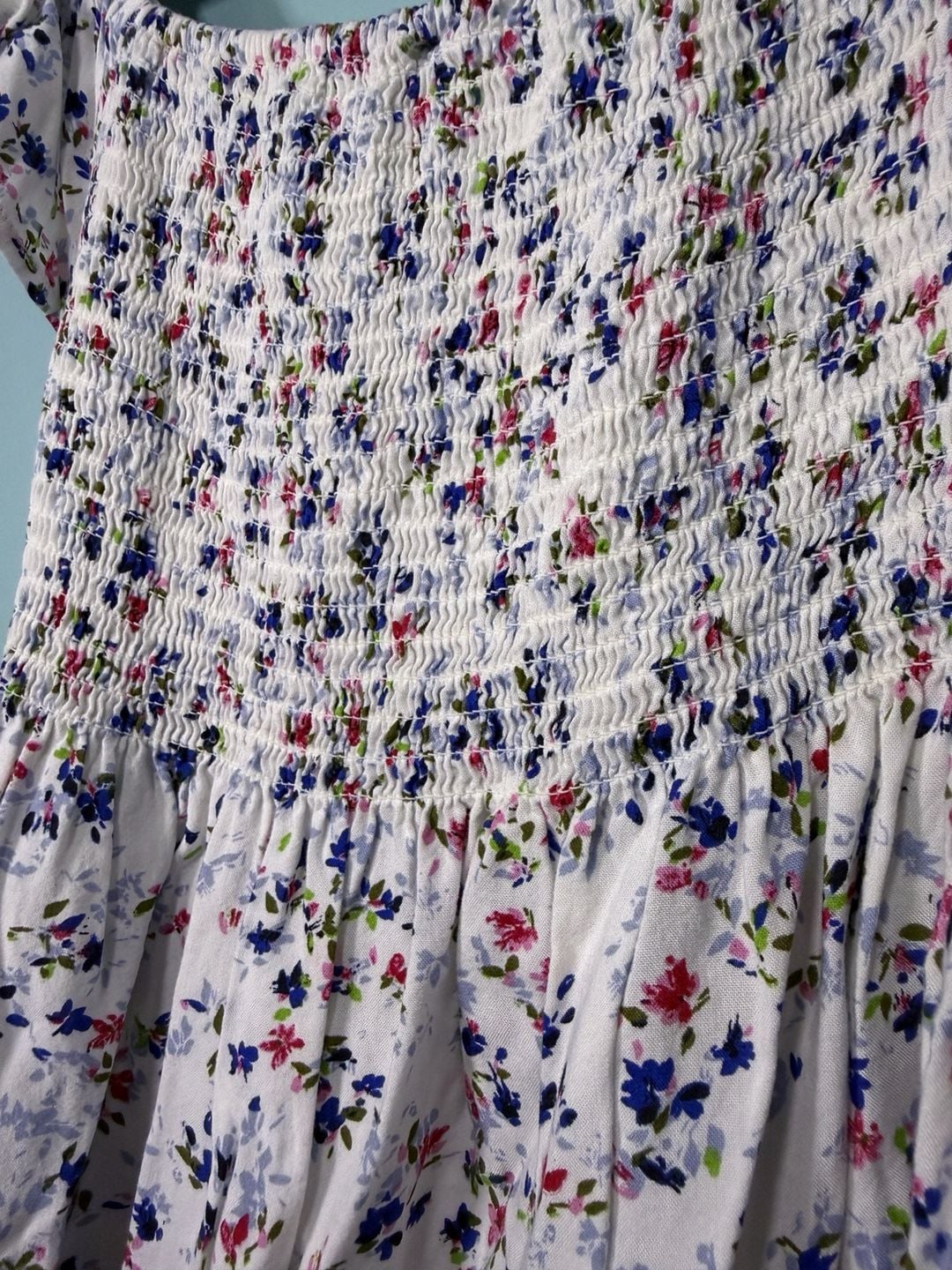 Japna Floral Blouse Size S White Viscose Smocked Peplum Cap Sleeve Top 5