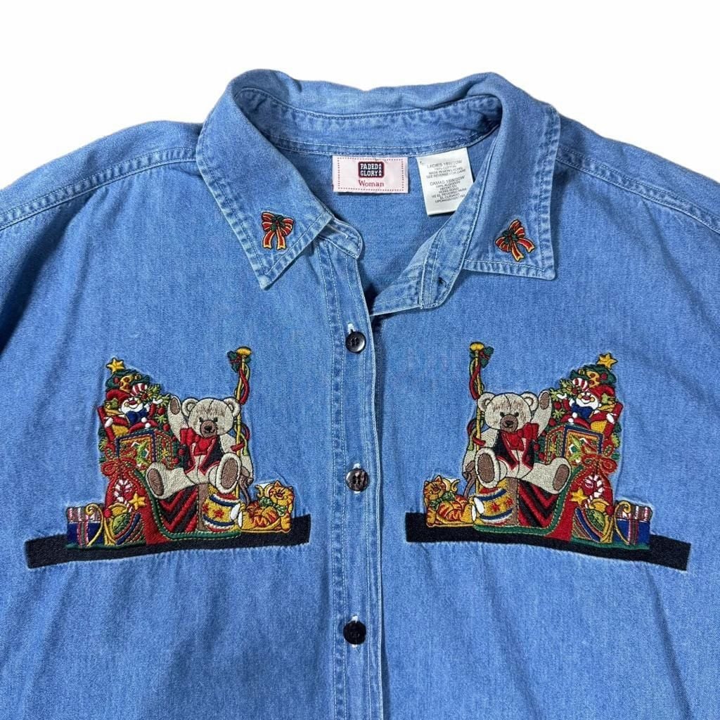 Y2K Faded Glory Denim Shirt Size 3X Christmas Bear Embroidered 4