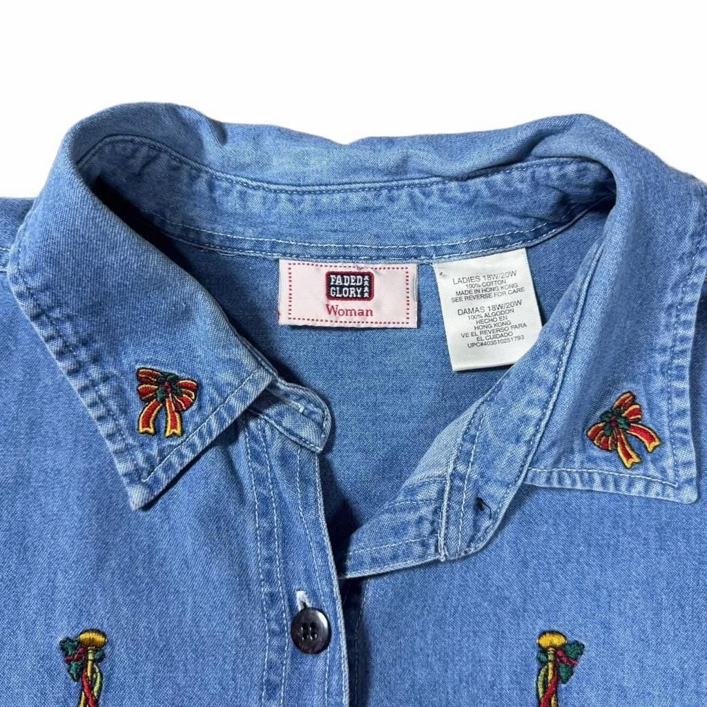 Y2K Faded Glory Denim Shirt Size 3X Christmas Bear Embroidered 5