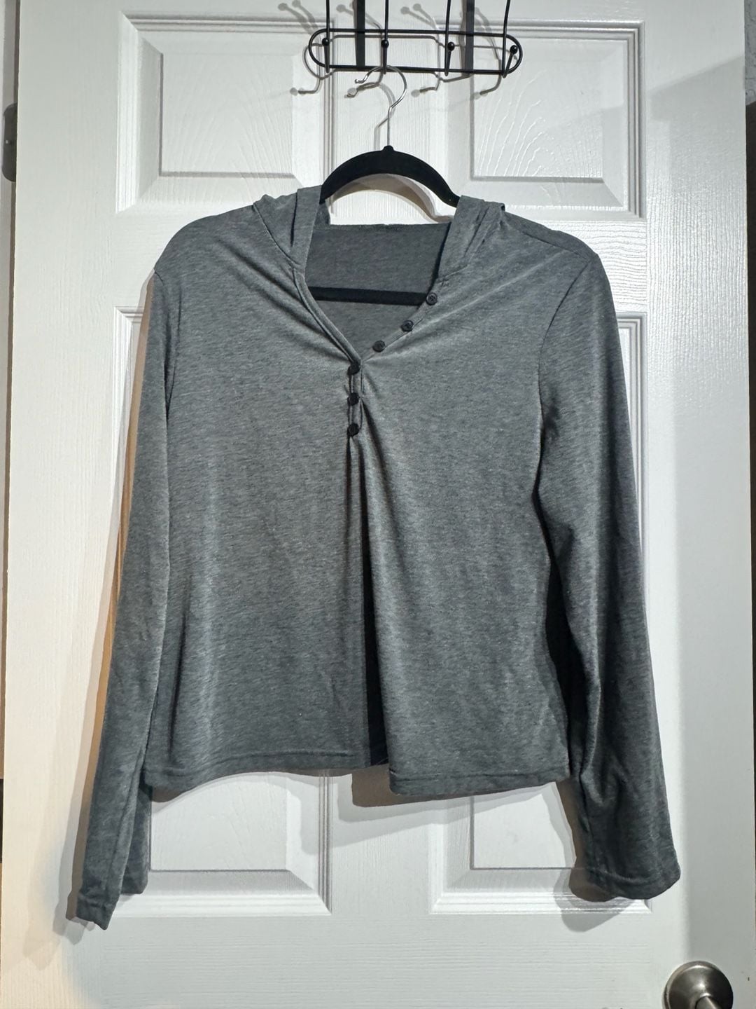 Gray Lightweight Button-Front Hooded Long Sleeve Cropped Pajama Top 2
