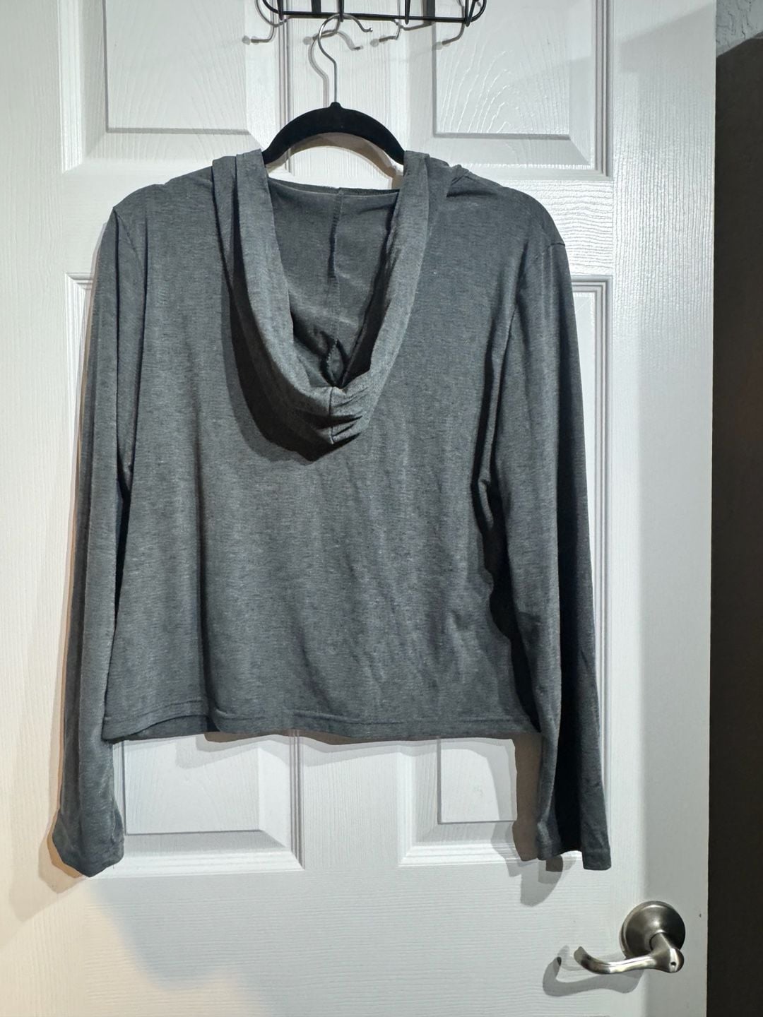 Gray Lightweight Button-Front Hooded Long Sleeve Cropped Pajama Top 3