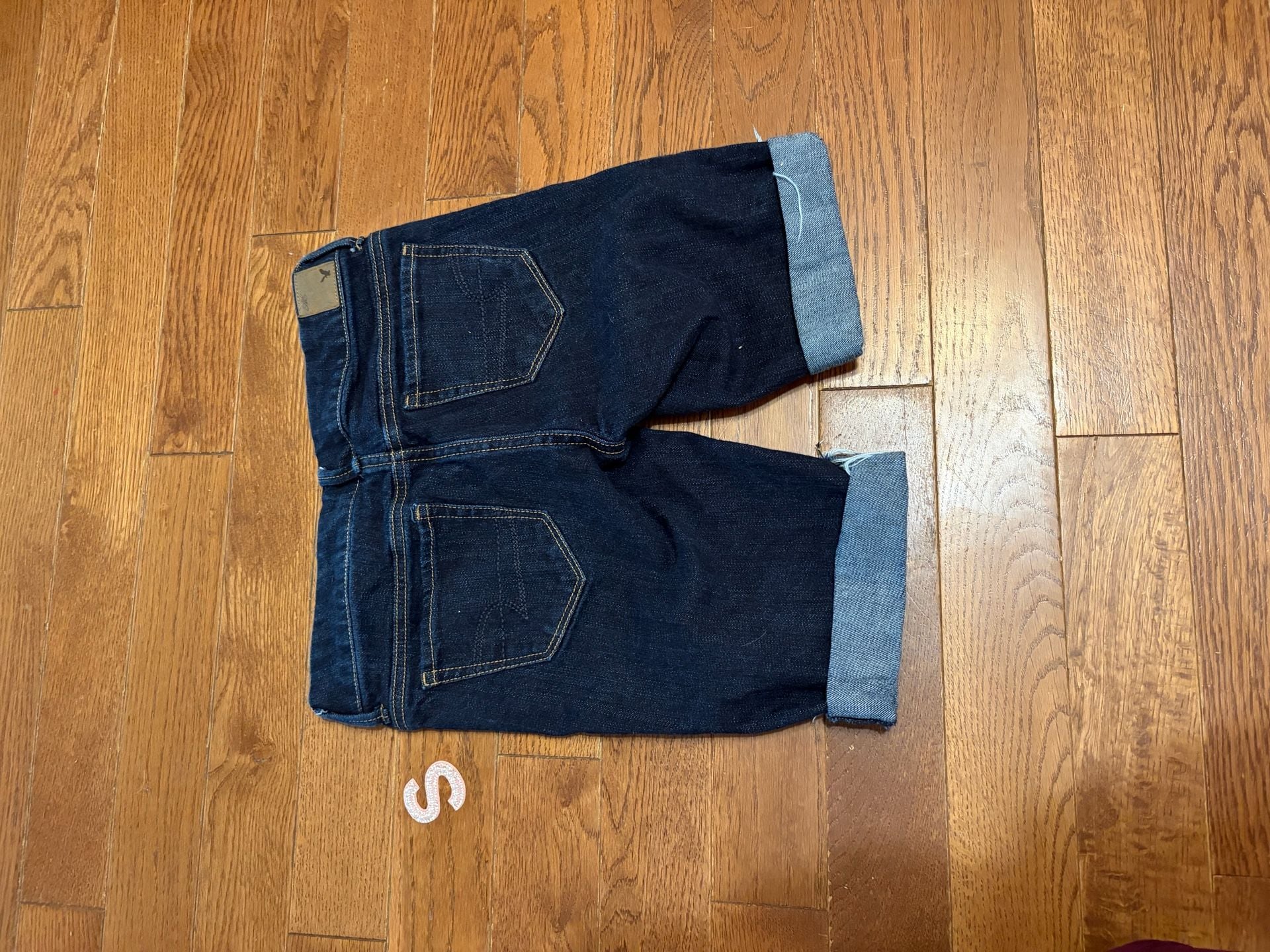 Y2K American Eagle low rise Stretch Denim Shorts Size 4 Dark Wash Cuffed 5