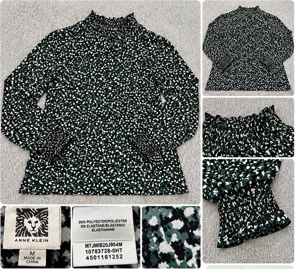 Anne Klein Blouse Size M Green Black Floral Smocked Mock Neck 2