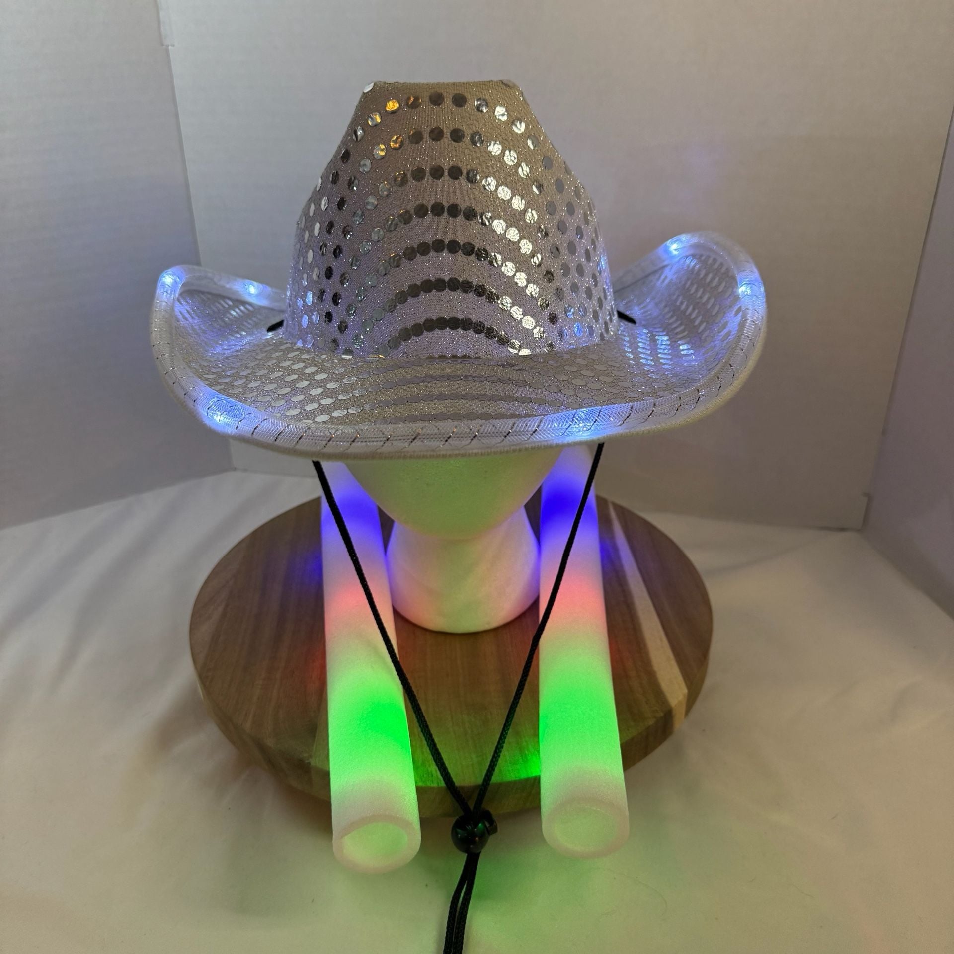 Light Up Sequin Cowboy Hat White LED Festival Party Costume with glow sticks 1