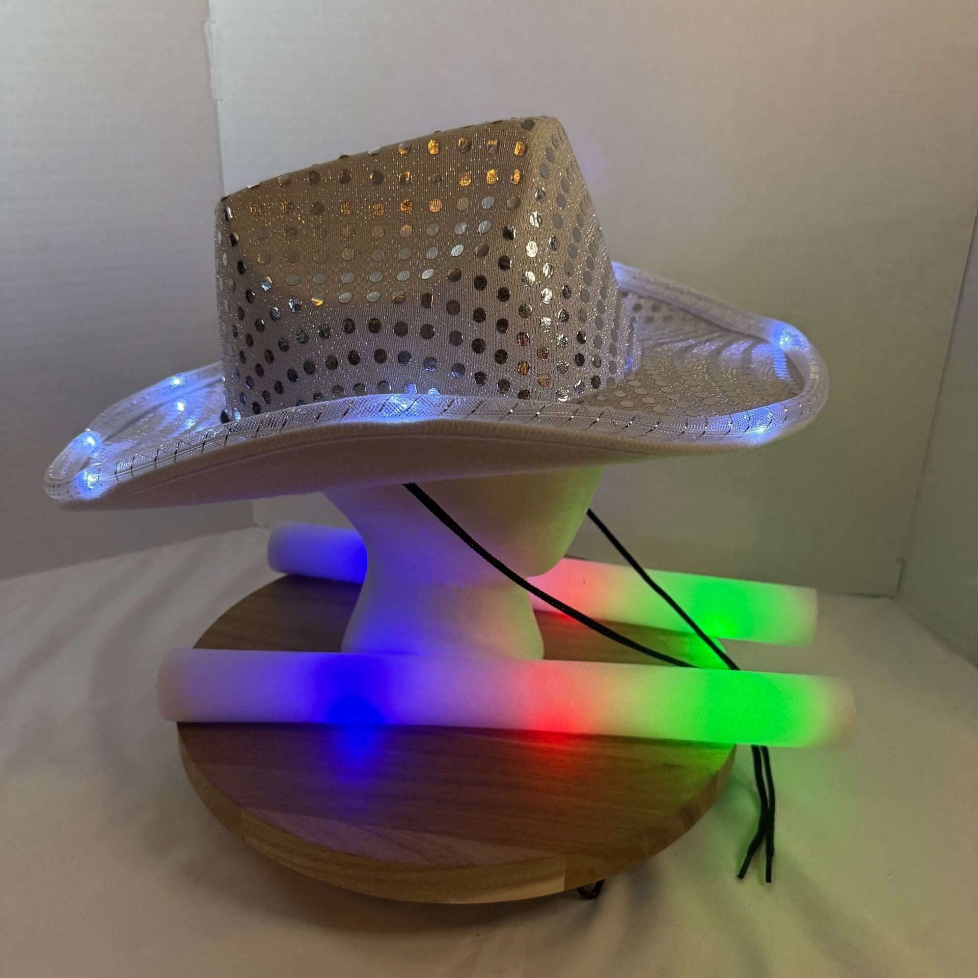 Light Up Sequin Cowboy Hat White LED Festival Party Costume with glow sticks 2