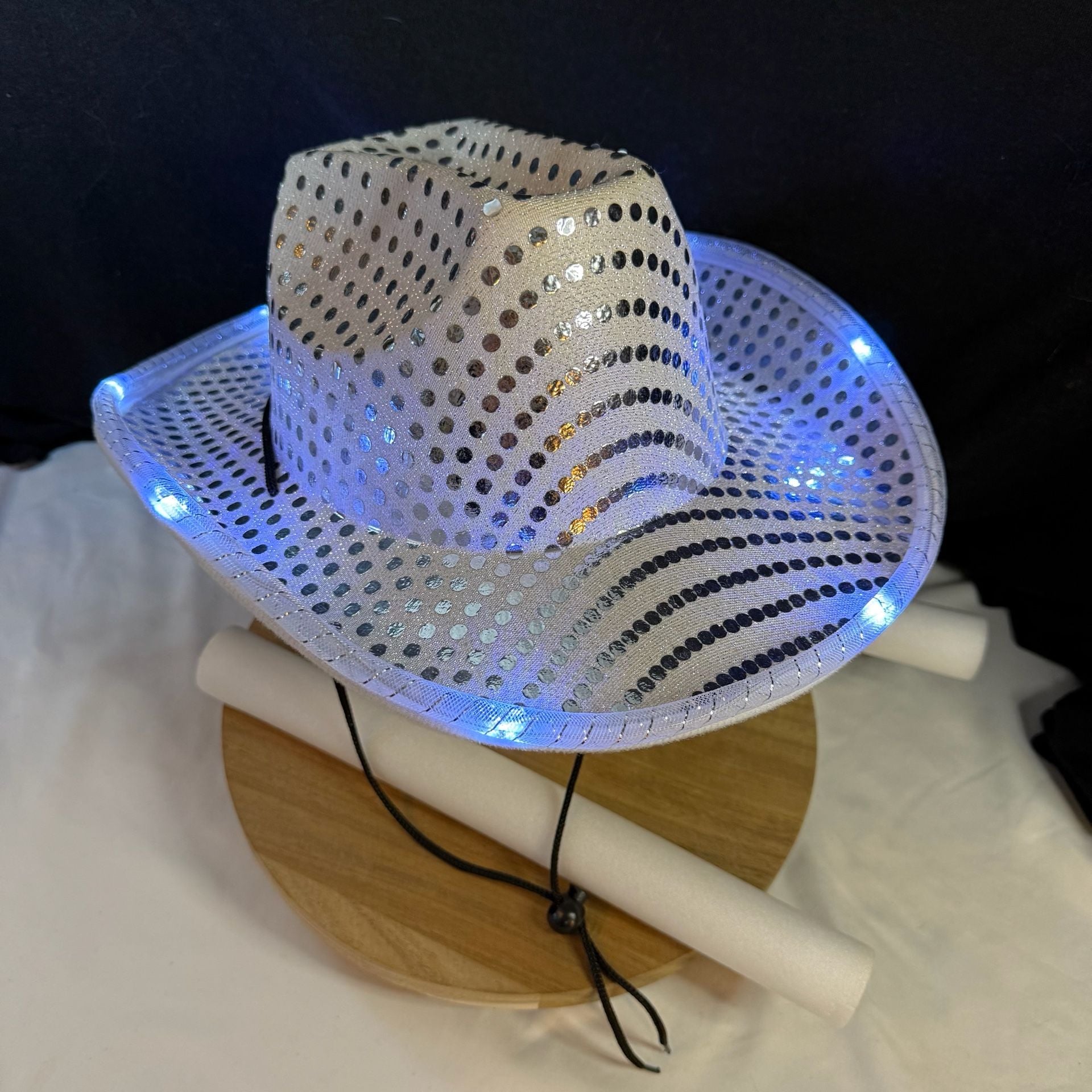 Light Up Sequin Cowboy Hat White LED Festival Party Costume with glow sticks 4