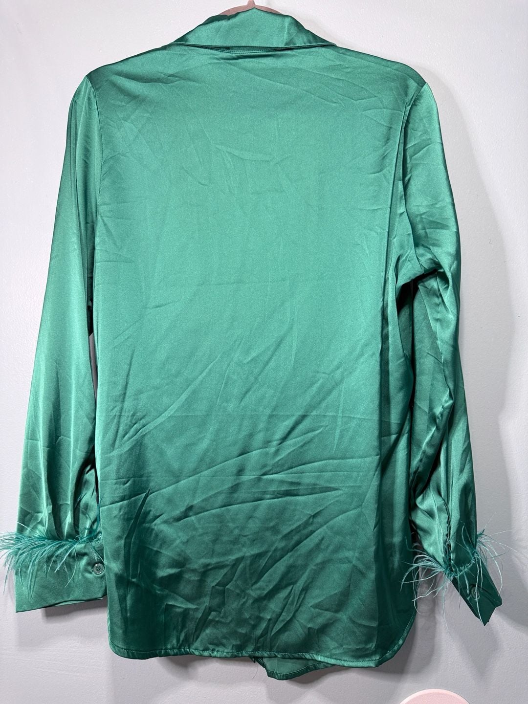 L.I.F.E. Satin Button-Up Shirt Size M Green Feather Cuff 7