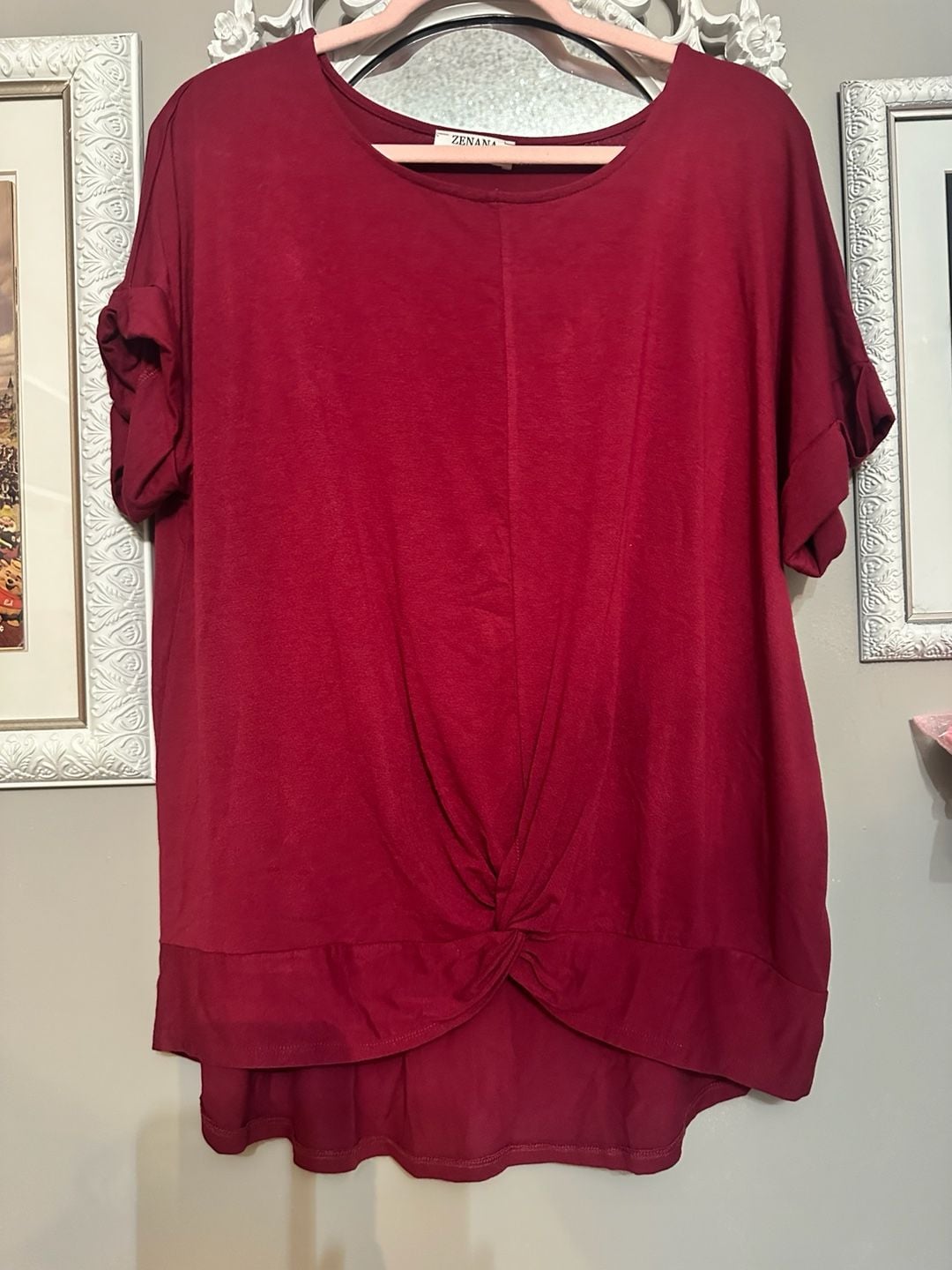 Zenana Top Size L Burgundy Knot Front Short Sleeve Shirt 2