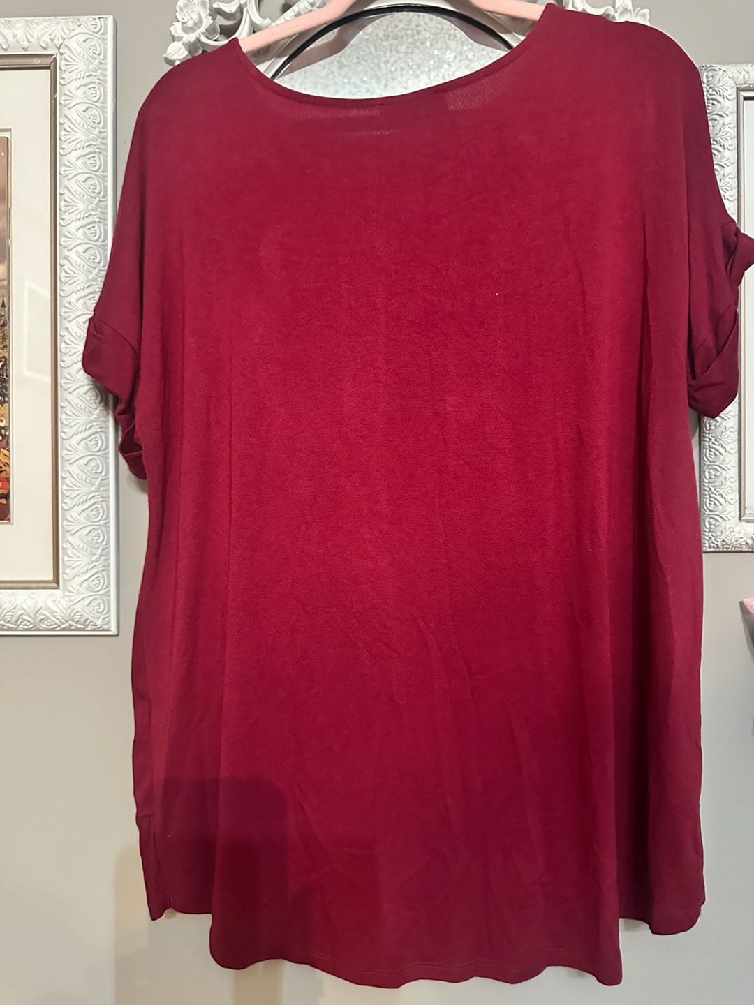Zenana Top Size L Burgundy Knot Front Short Sleeve Shirt 7