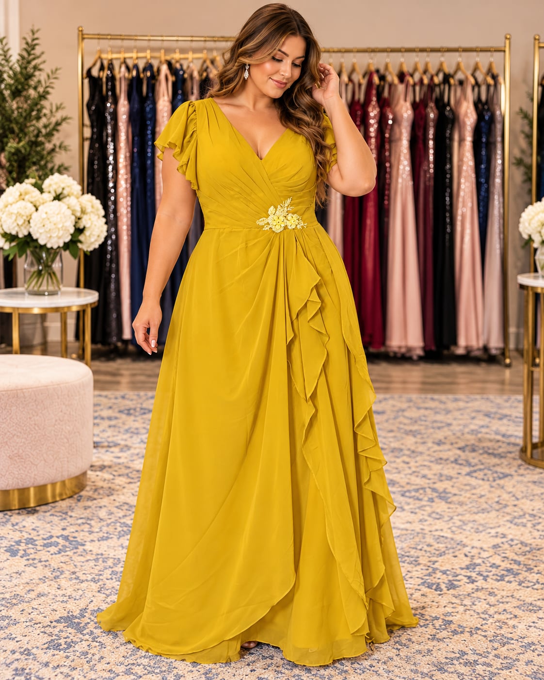 Mustard Yellow Chiffon Ruffle V-Neck Plus Size Formal Evening Gown Size 16 2