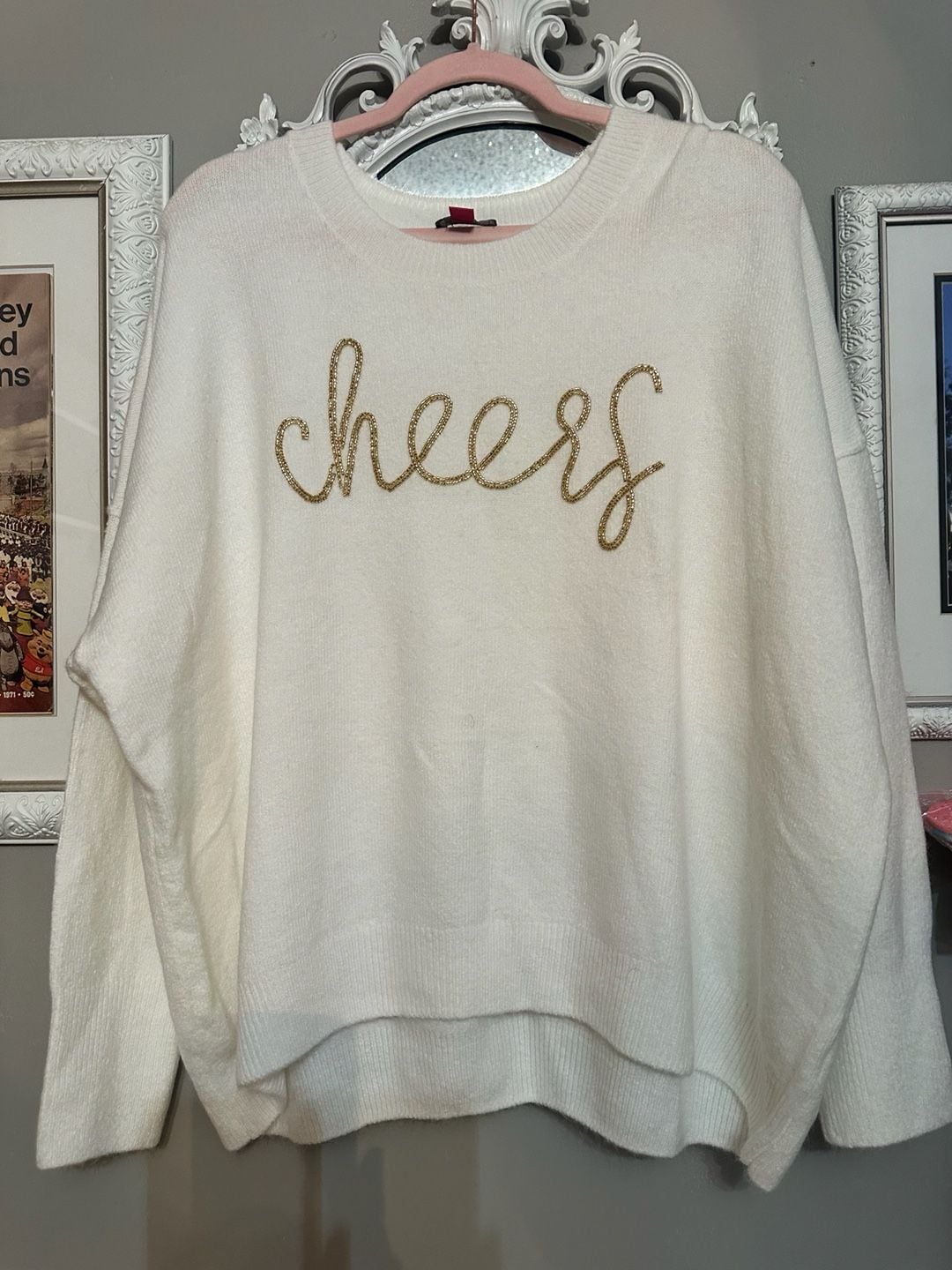 Vince Camuto Cheers Sweater Size XXL White Beaded Script Pullover 2