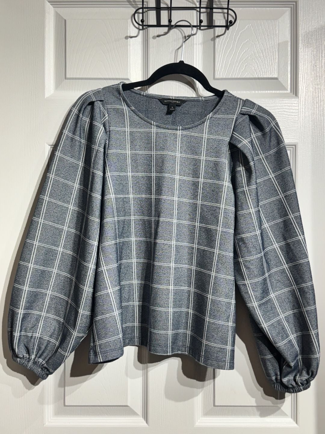 Banana Republic Plaid Puff Sleeve Top Size S Blue White 2