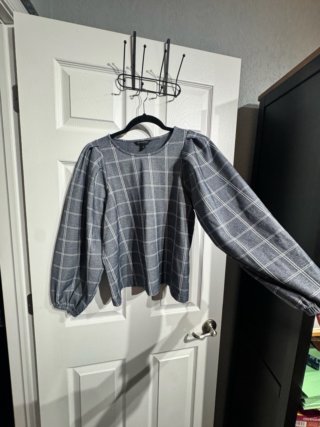 Banana Republic Plaid Puff Sleeve Top Size S Blue White 12