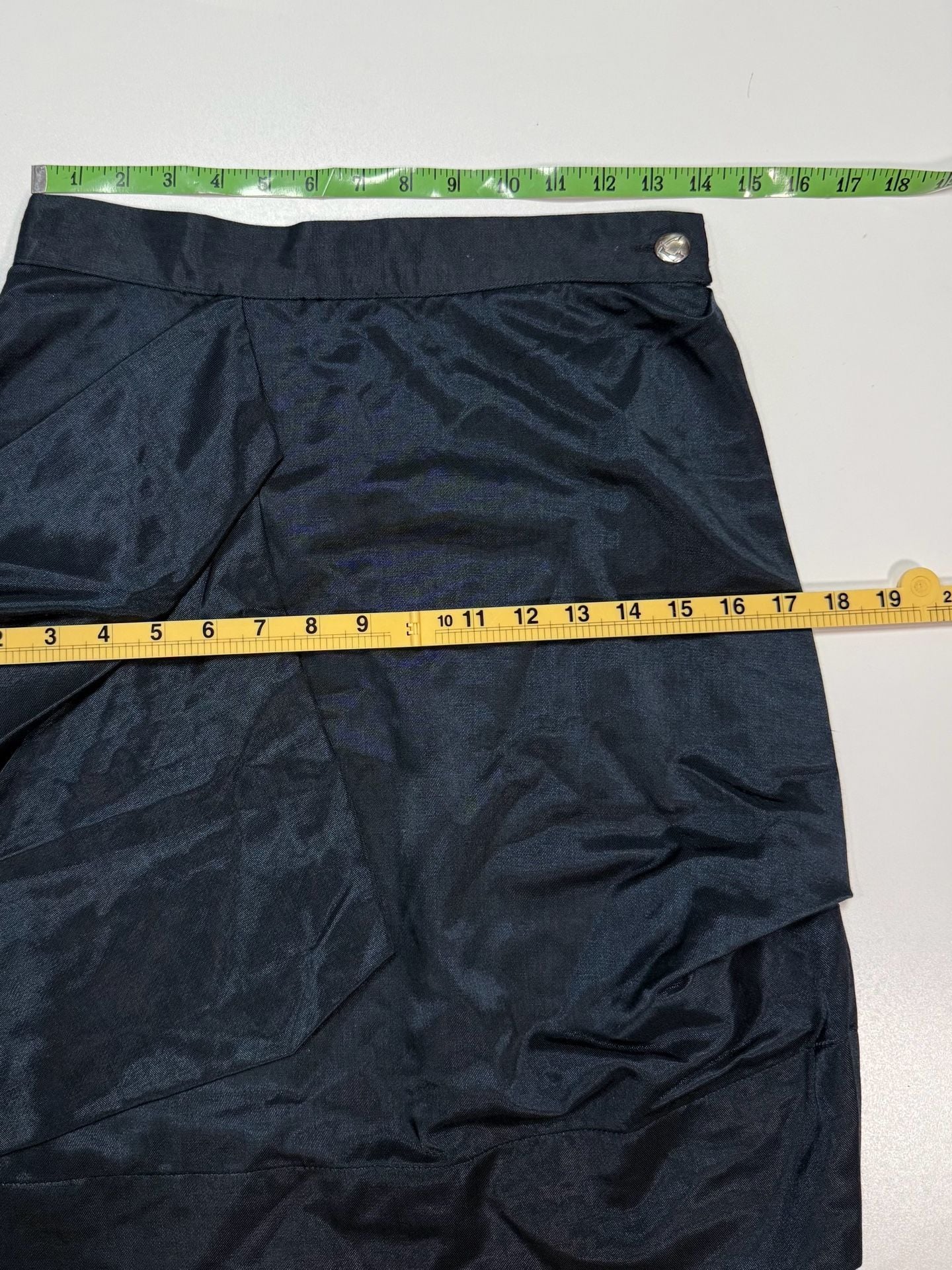 Vivienne Westwood Anglomania Women's skirt US 8 Indie Vanguard Whimsigoth Y2K Heritage Quiet Luxury Draped Asymmetric Mini Skirt Black Satin Twill Cotton Nylon Italy Logo Button Side Zip Avant-Garde UK 12 Size 44 4