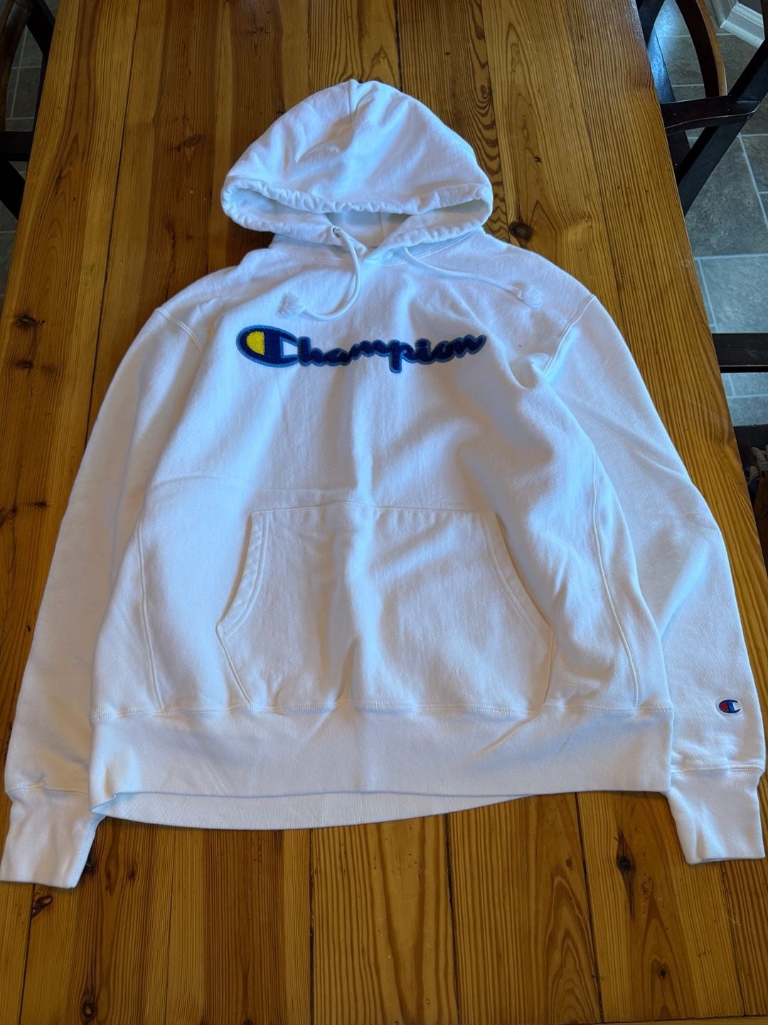 Champion Reverse Weave Hoodie Size XL White Chenille Script Logo 2