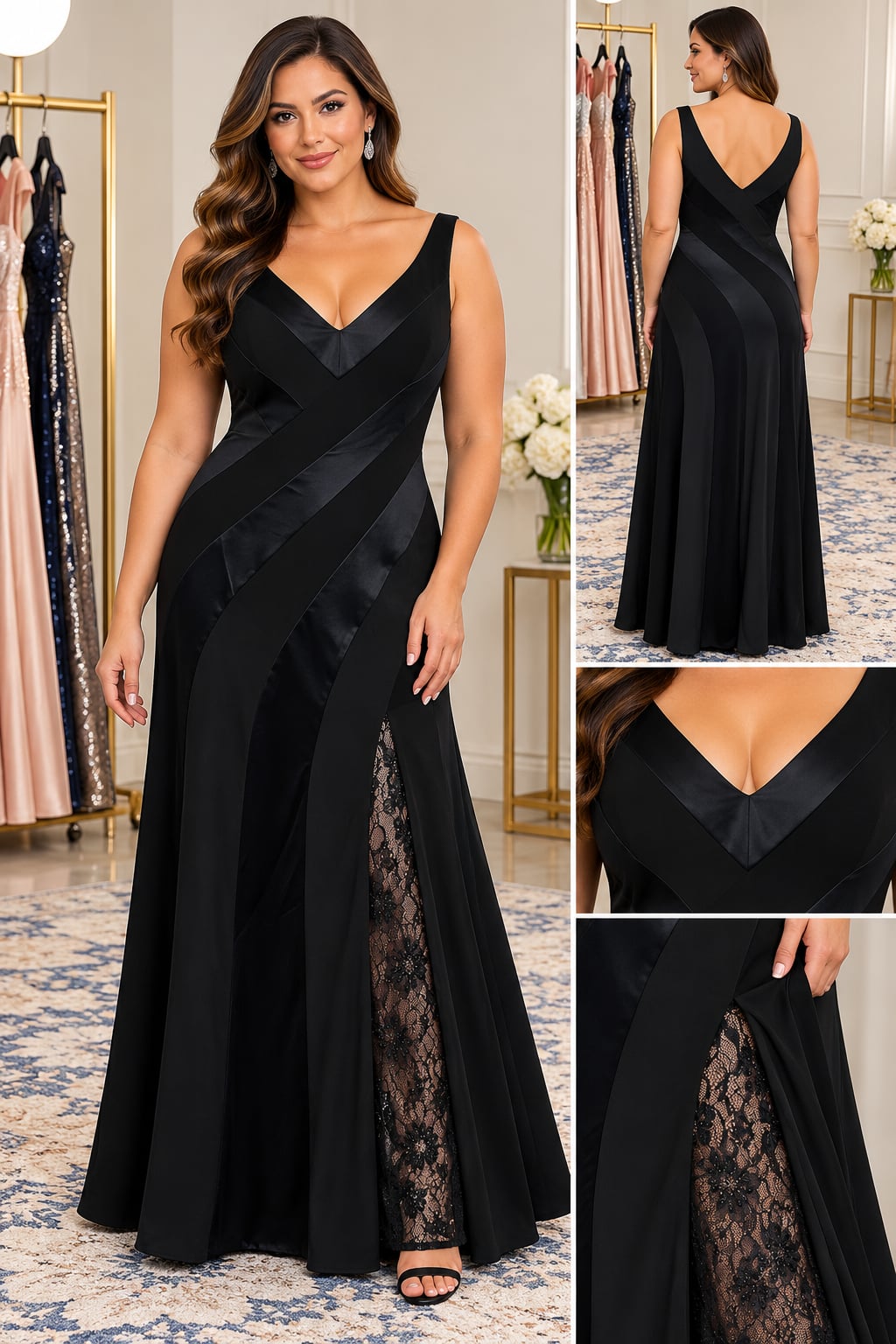 Black Satin Lace Inset V-Neck Plus Size Formal Evening Gown Size 10 2