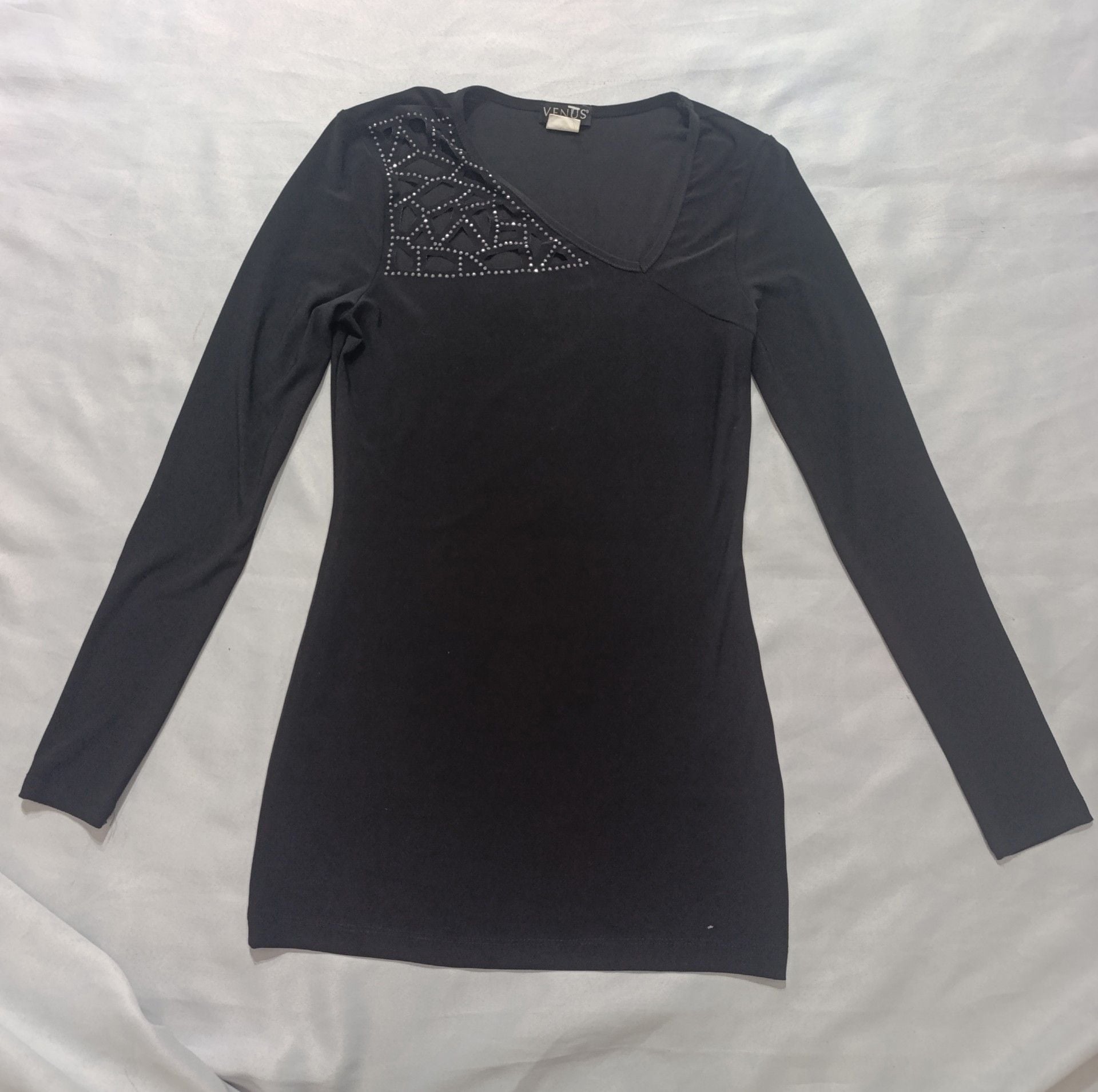 Venus Long Sleeve Top Size XS Black Rhinestone Cutout Shoulder 2