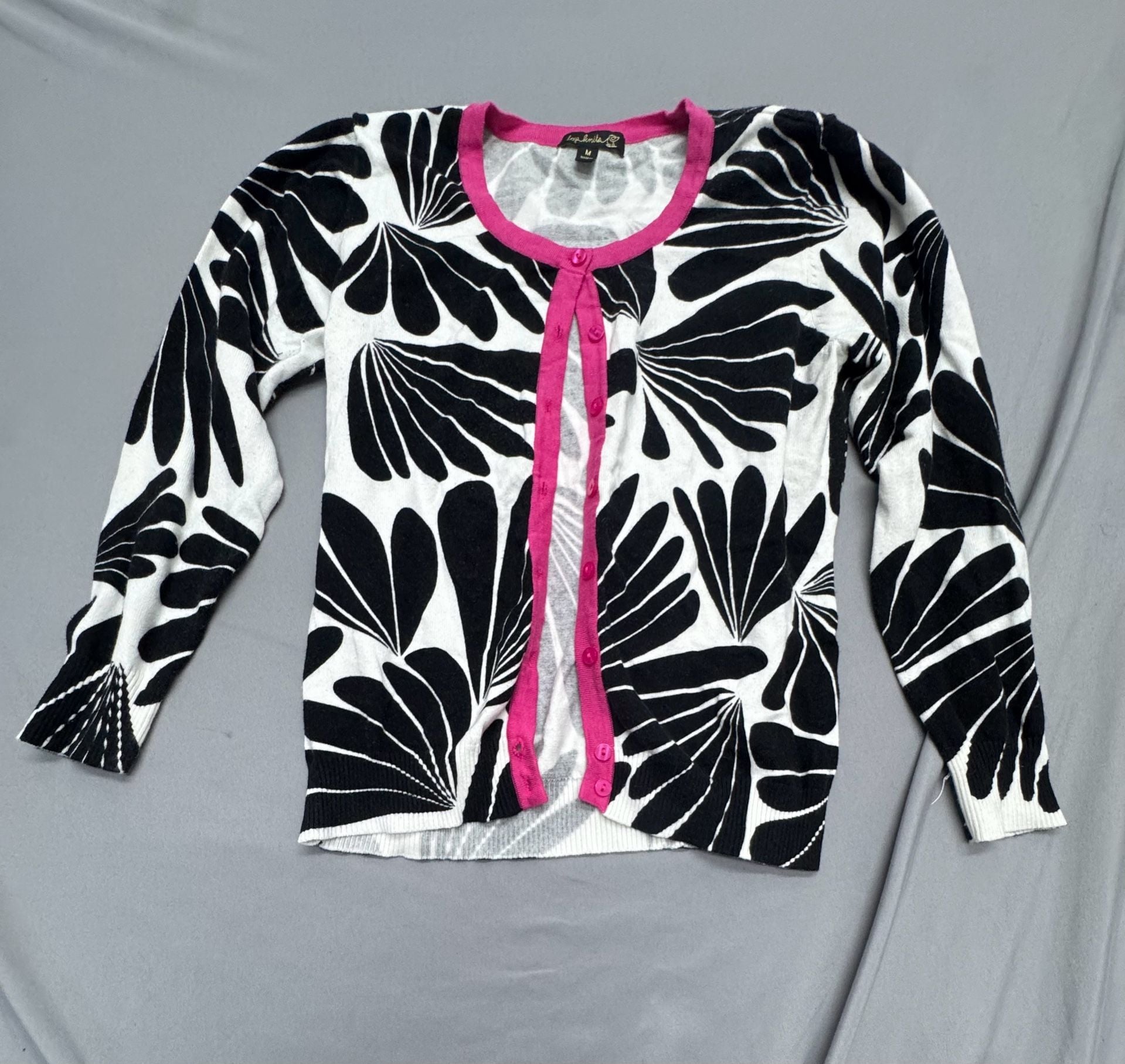 Top Knits Cardigan Size M Black White Floral Print Pink Trim 2