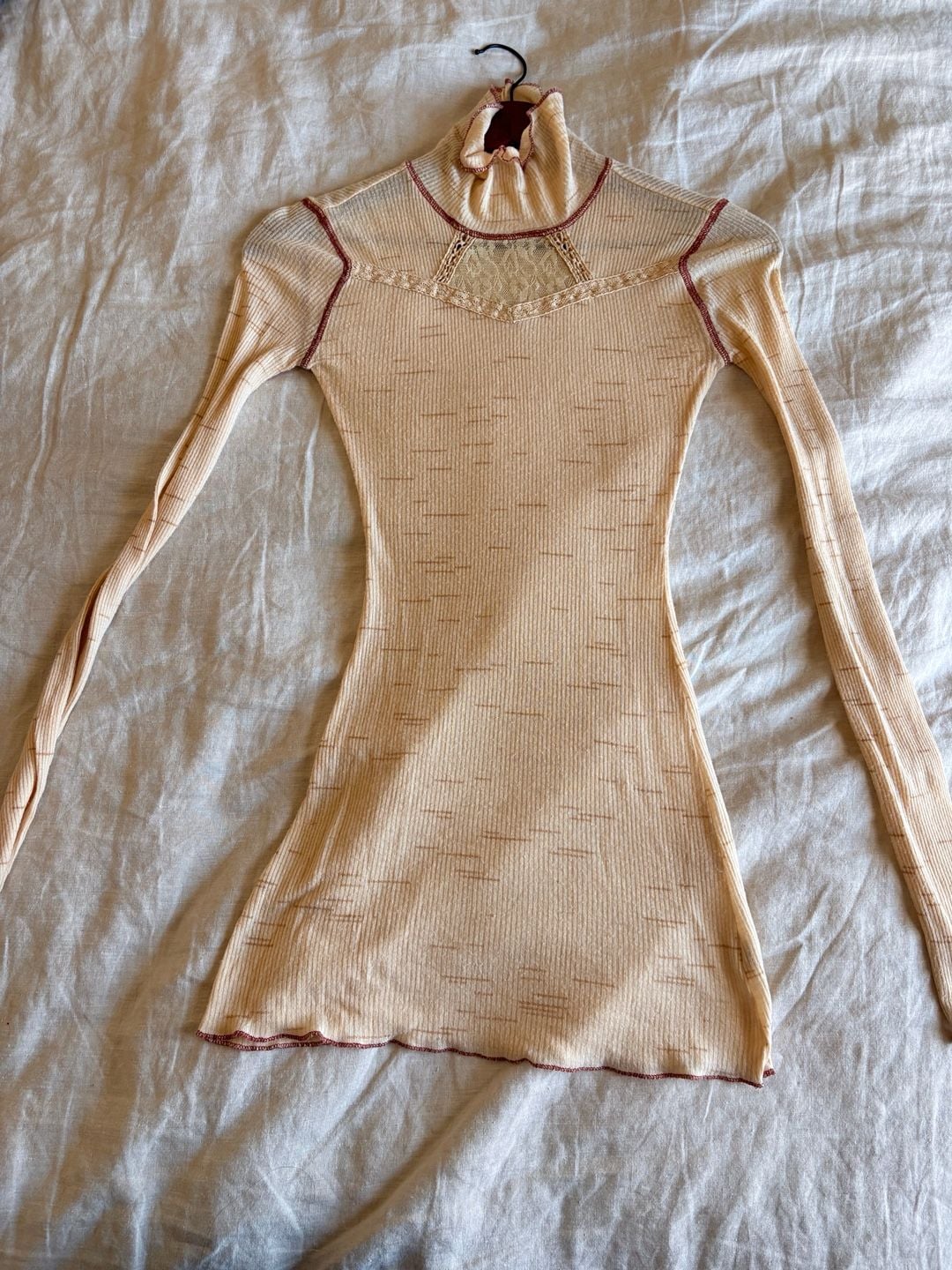 Free People Mock Neck Thermal Top Cream Long Sleeve Lace Detail 8