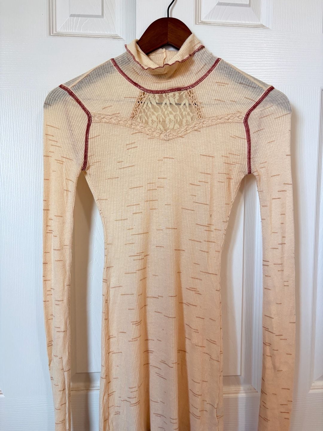 Free People Mock Neck Thermal Top Cream Long Sleeve Lace Detail 10