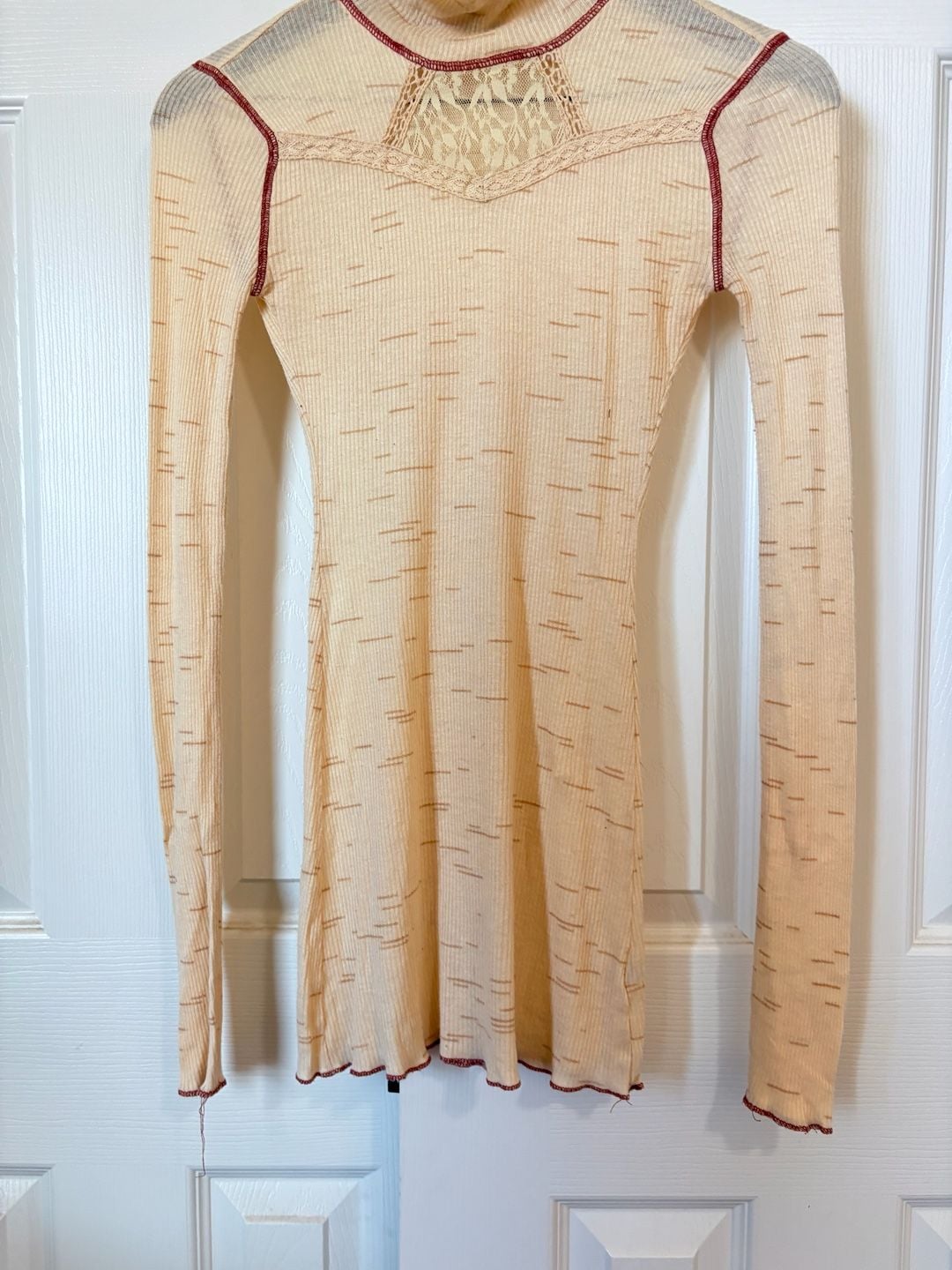 Free People Mock Neck Thermal Top Cream Long Sleeve Lace Detail 11