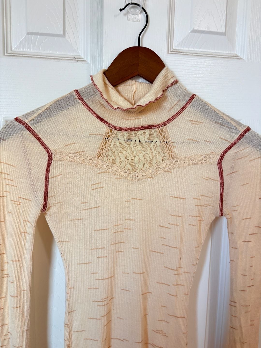 Free People Mock Neck Thermal Top Cream Long Sleeve Lace Detail 12
