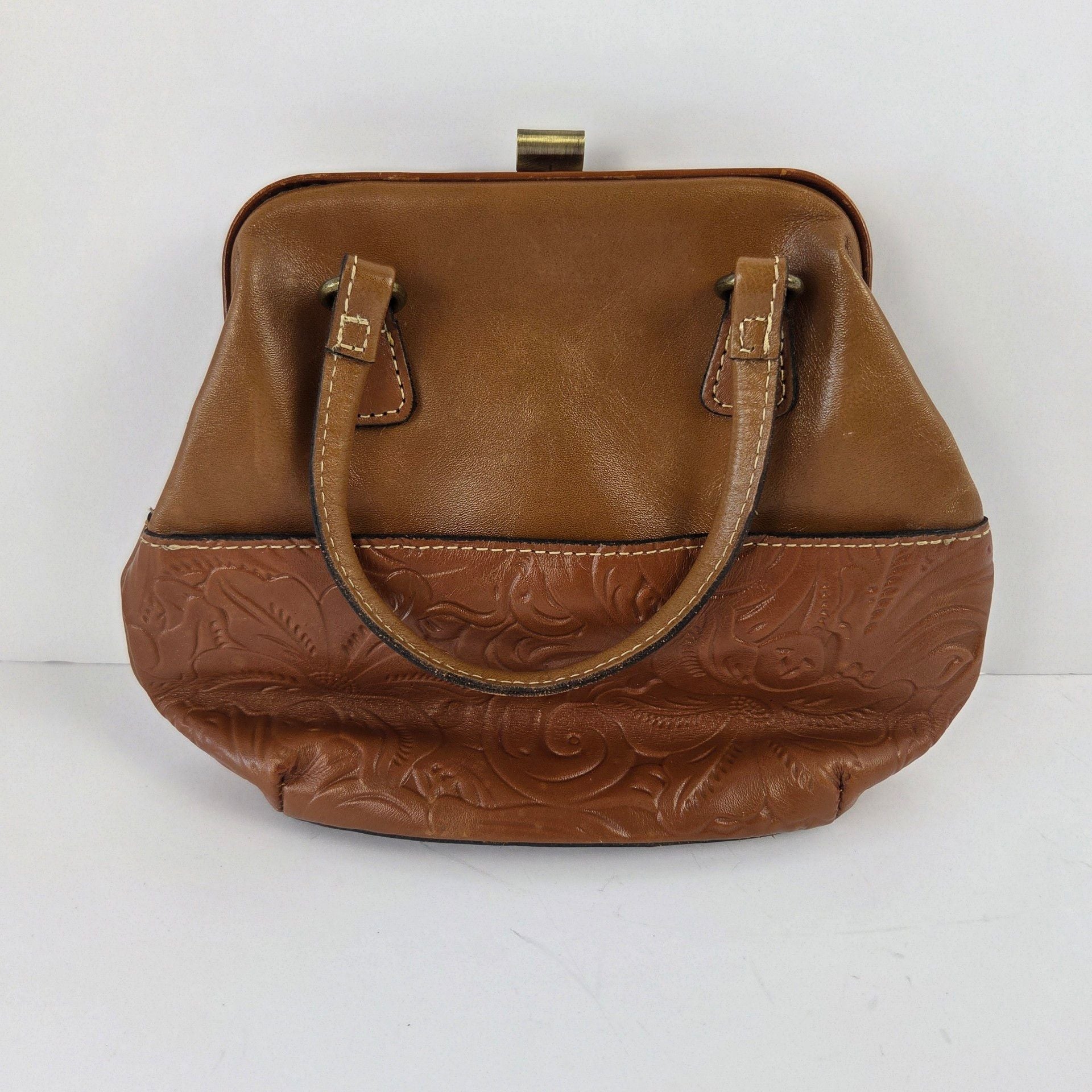 Patricia Nash Gracchi Tooled Leather Frame Satchel Bag Florence Tan Pre-owned 11