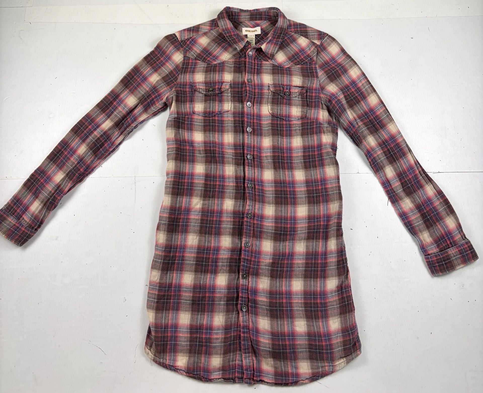 Diesel Plaid Button Down Long Sleeve Shirt Red Blue Cotton Size M (OF) 2