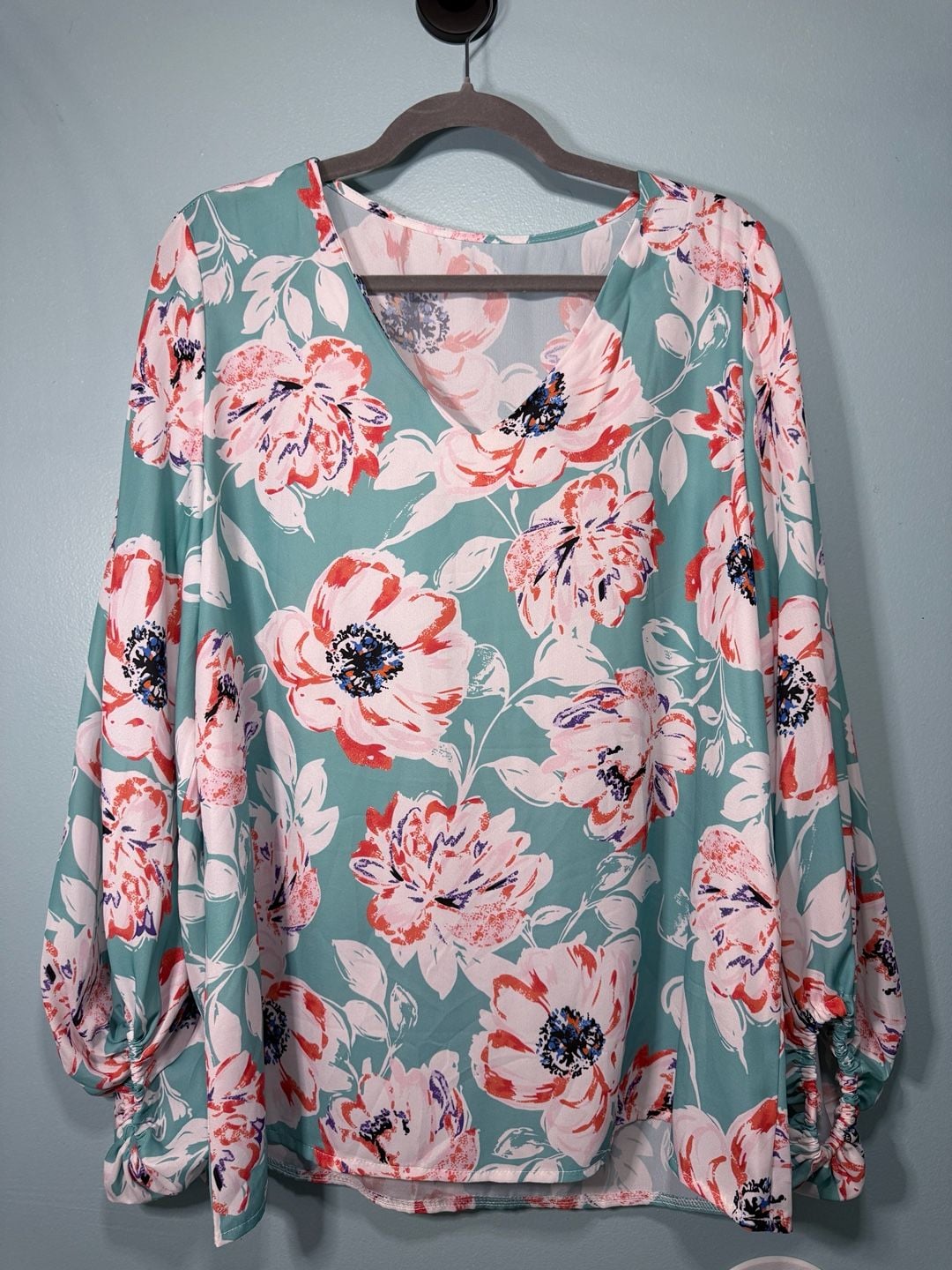 Floral V-Neck Long Sleeve Blouse Teal Pink 2
