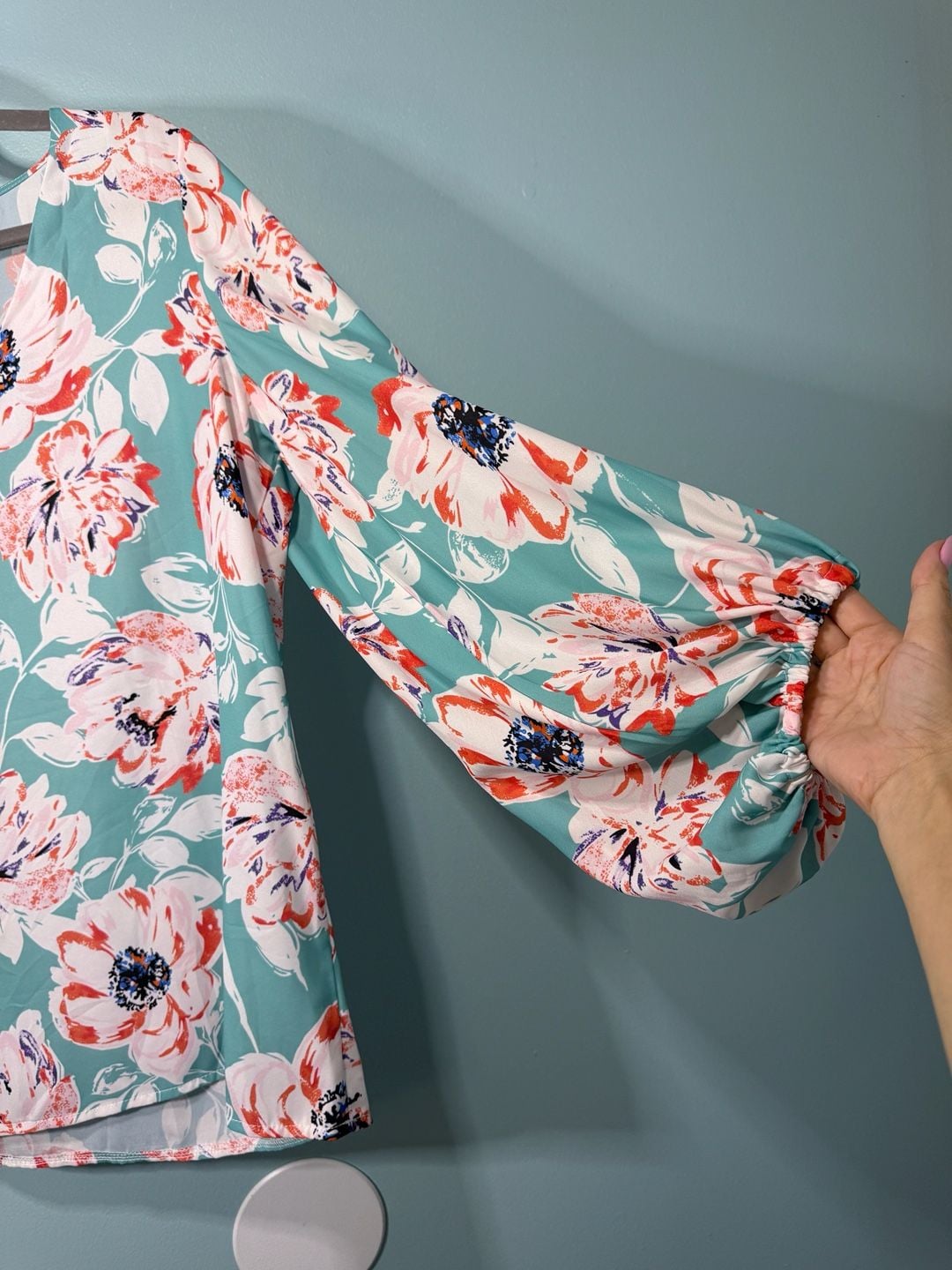 Floral V-Neck Long Sleeve Blouse Teal Pink 3