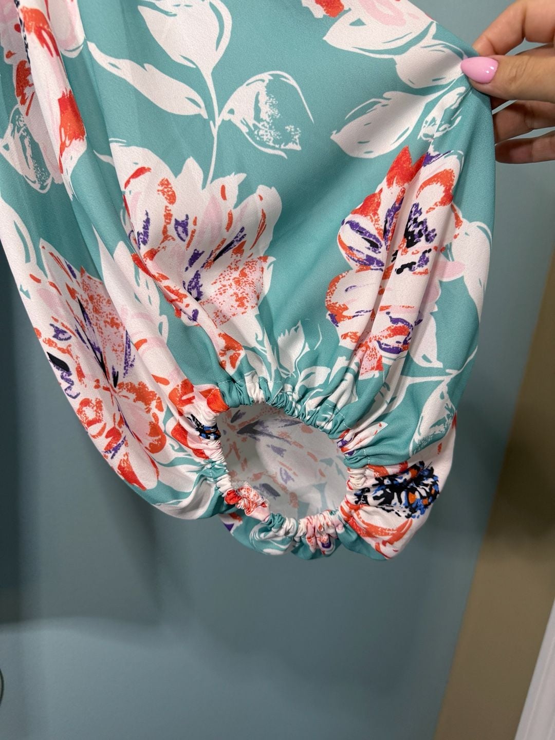 Floral V-Neck Long Sleeve Blouse Teal Pink 4