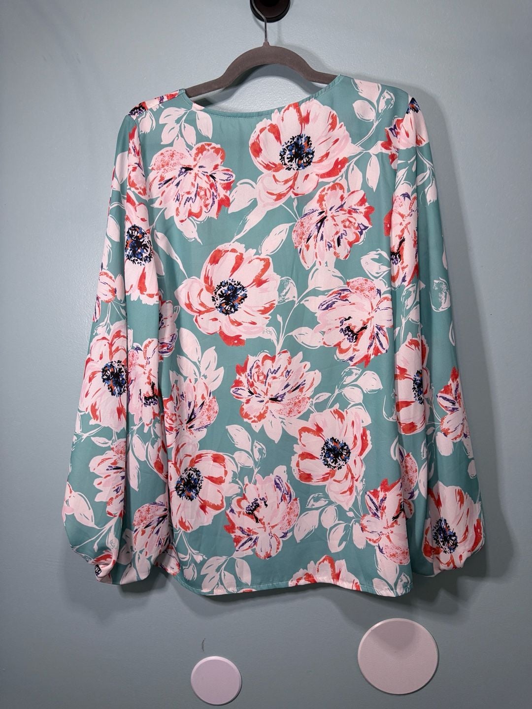 Floral V-Neck Long Sleeve Blouse Teal Pink 5